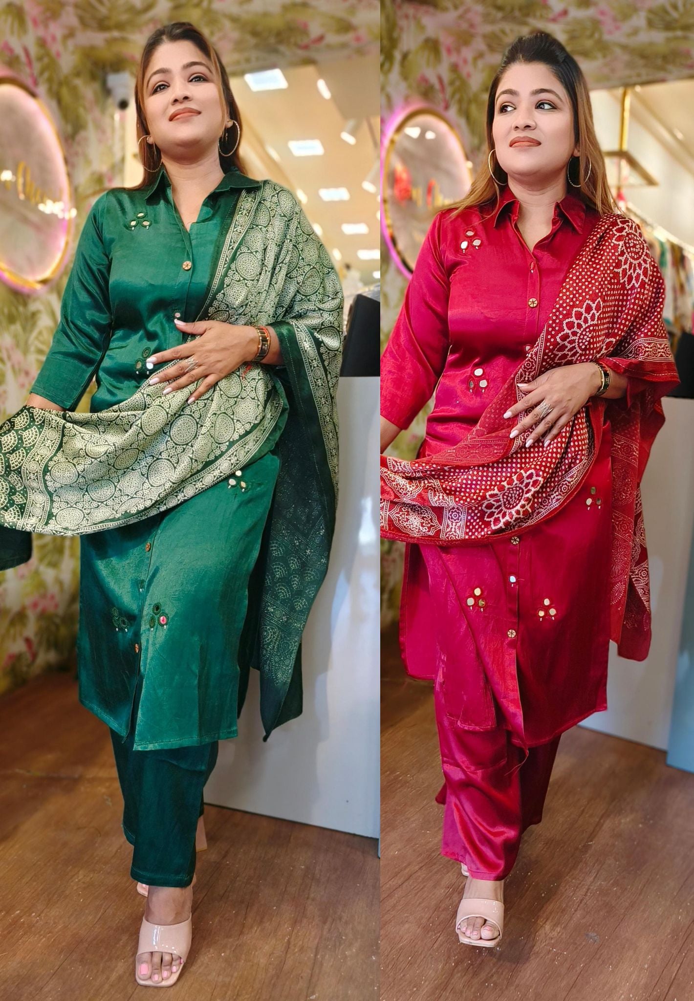 Gajji Silk Mirror Embroidered kurta with pant set and beautiful Printed Gajji Silkdupatta DRY WASH-04631
