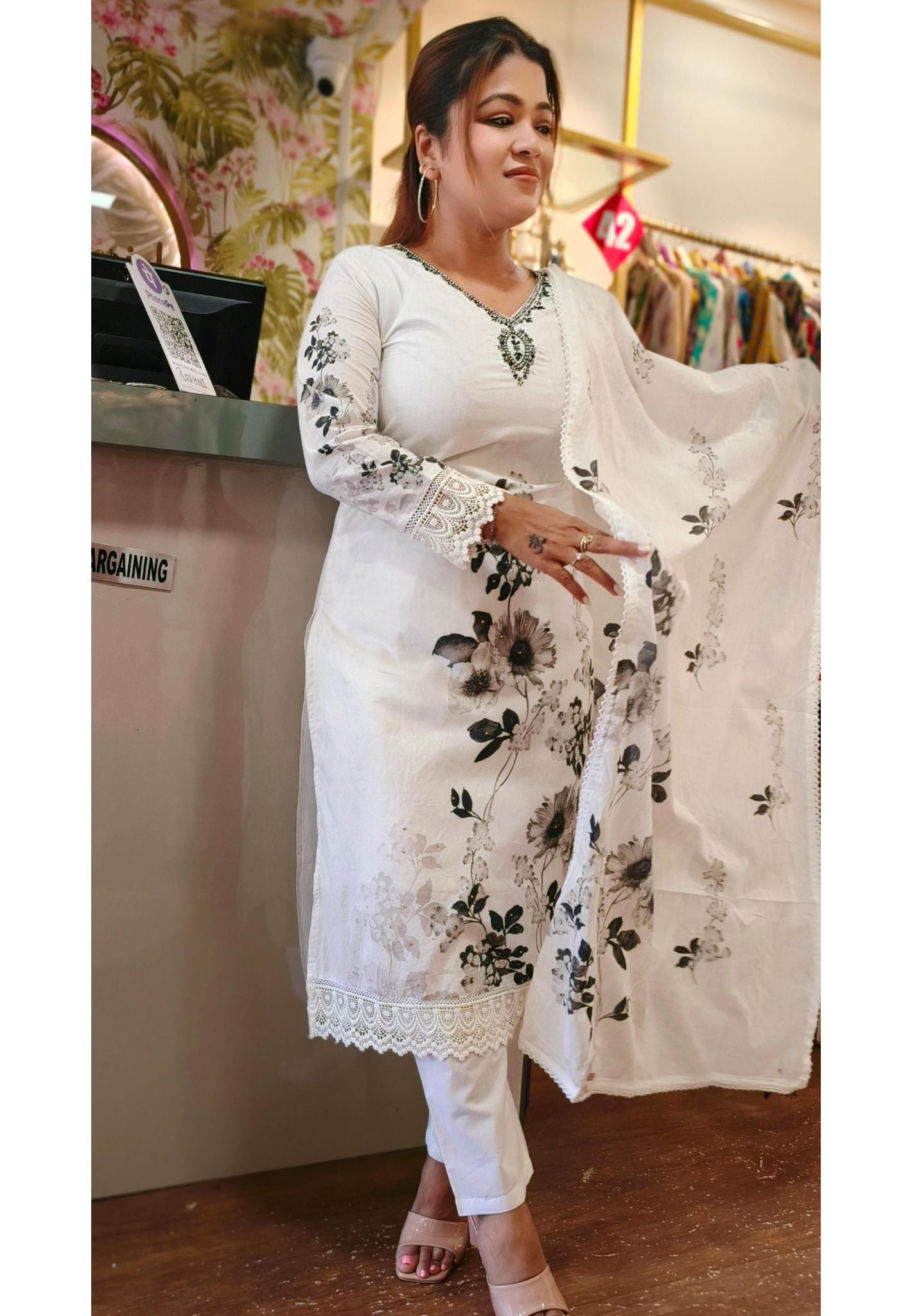 Beautiful white kurta with pant set and beautiful Digital Printed dupatta DRY WASH-04640