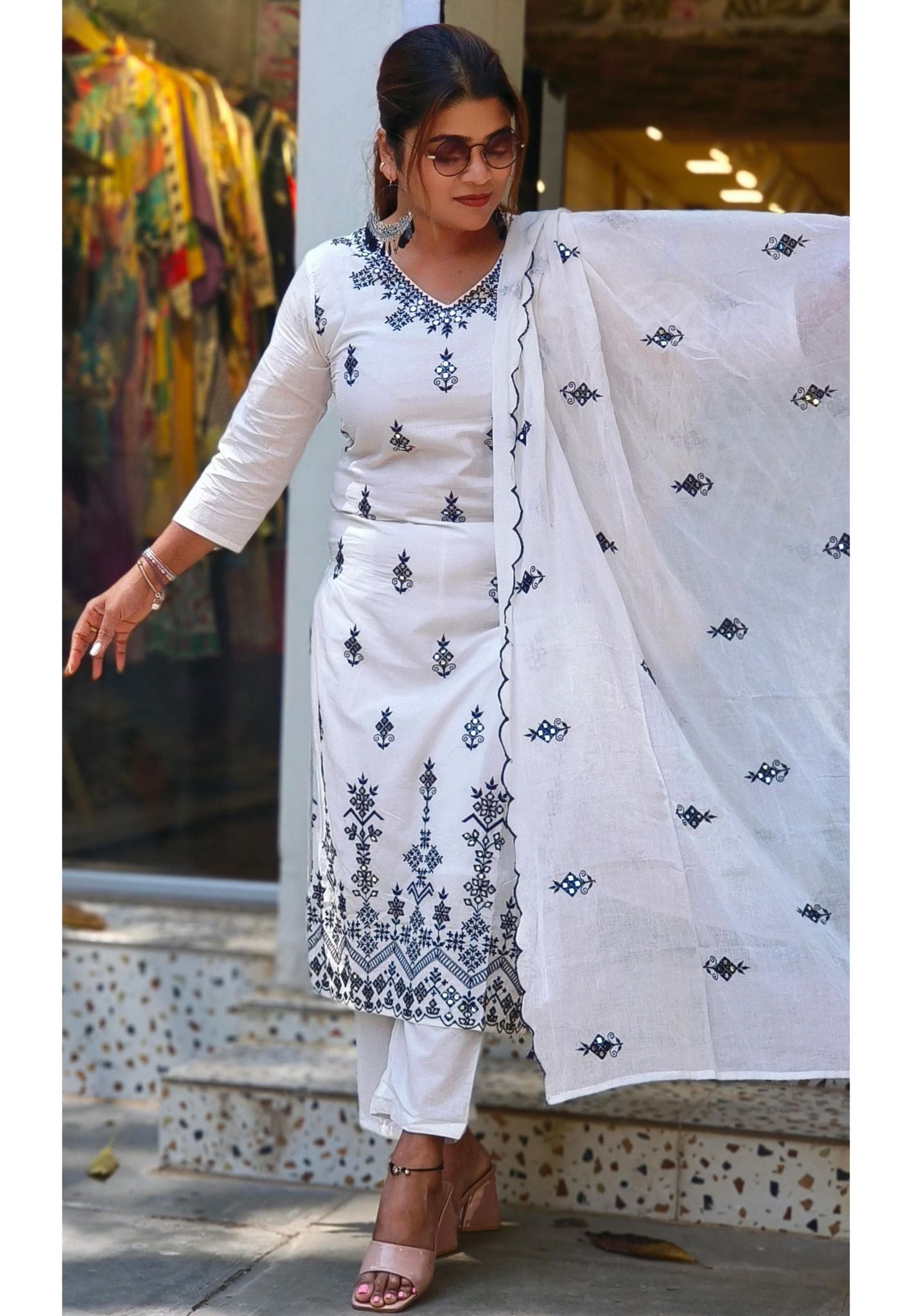 Beautiful Cotton mirror Embroidered kurta with pant set and beautiful dupatta DRY WASH-04603