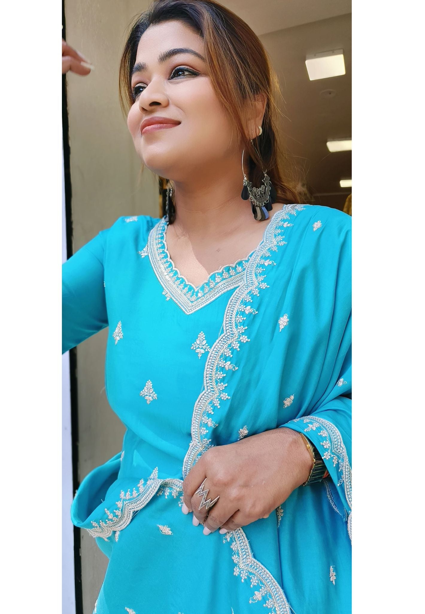 Beautiful Muslin Blue Embroidered  kurta With Pant set and Muslin Dupatta DRY WASH-04506