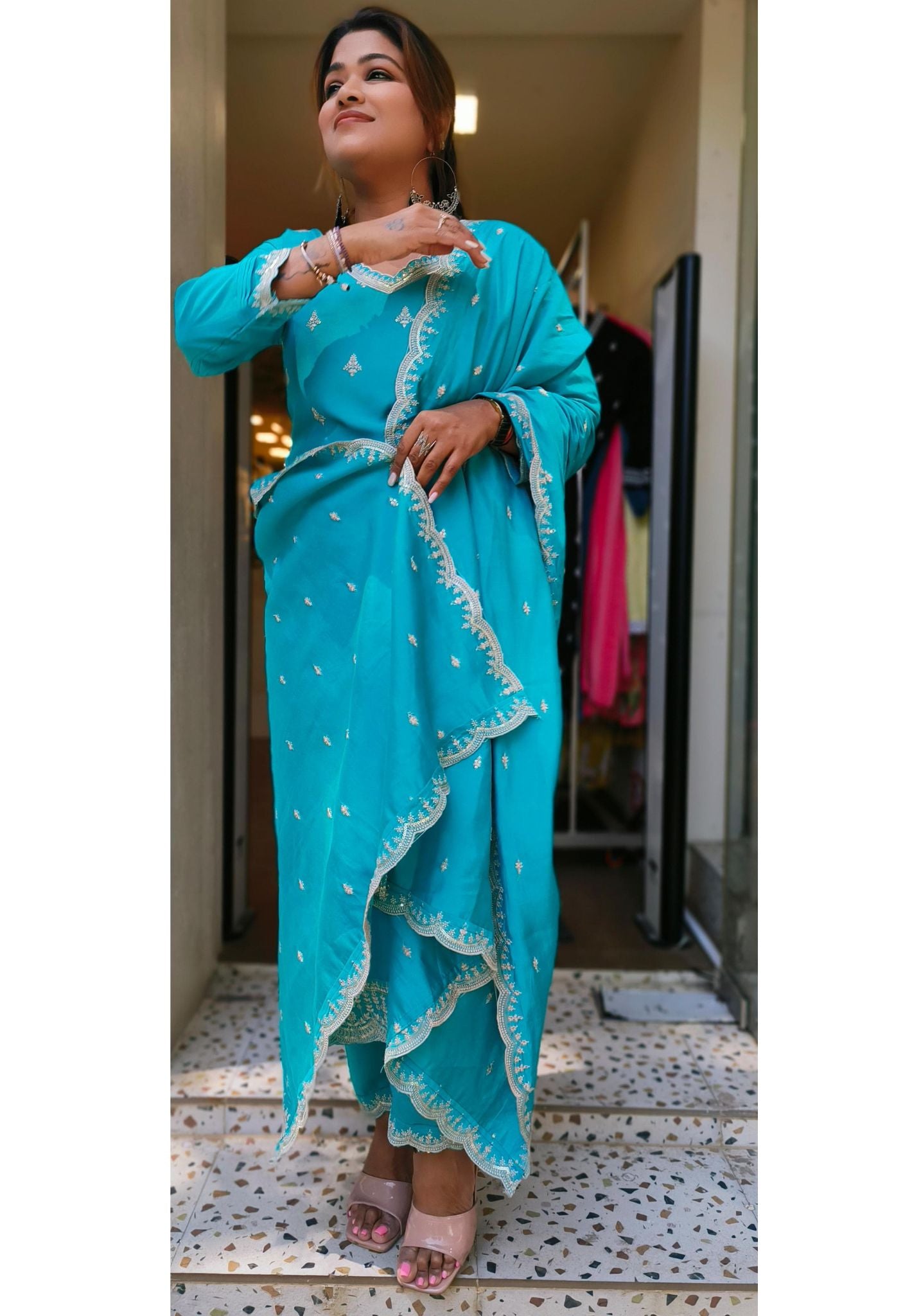 Beautiful Muslin Blue Embroidered  kurta With Pant set and Muslin Dupatta DRY WASH-04506