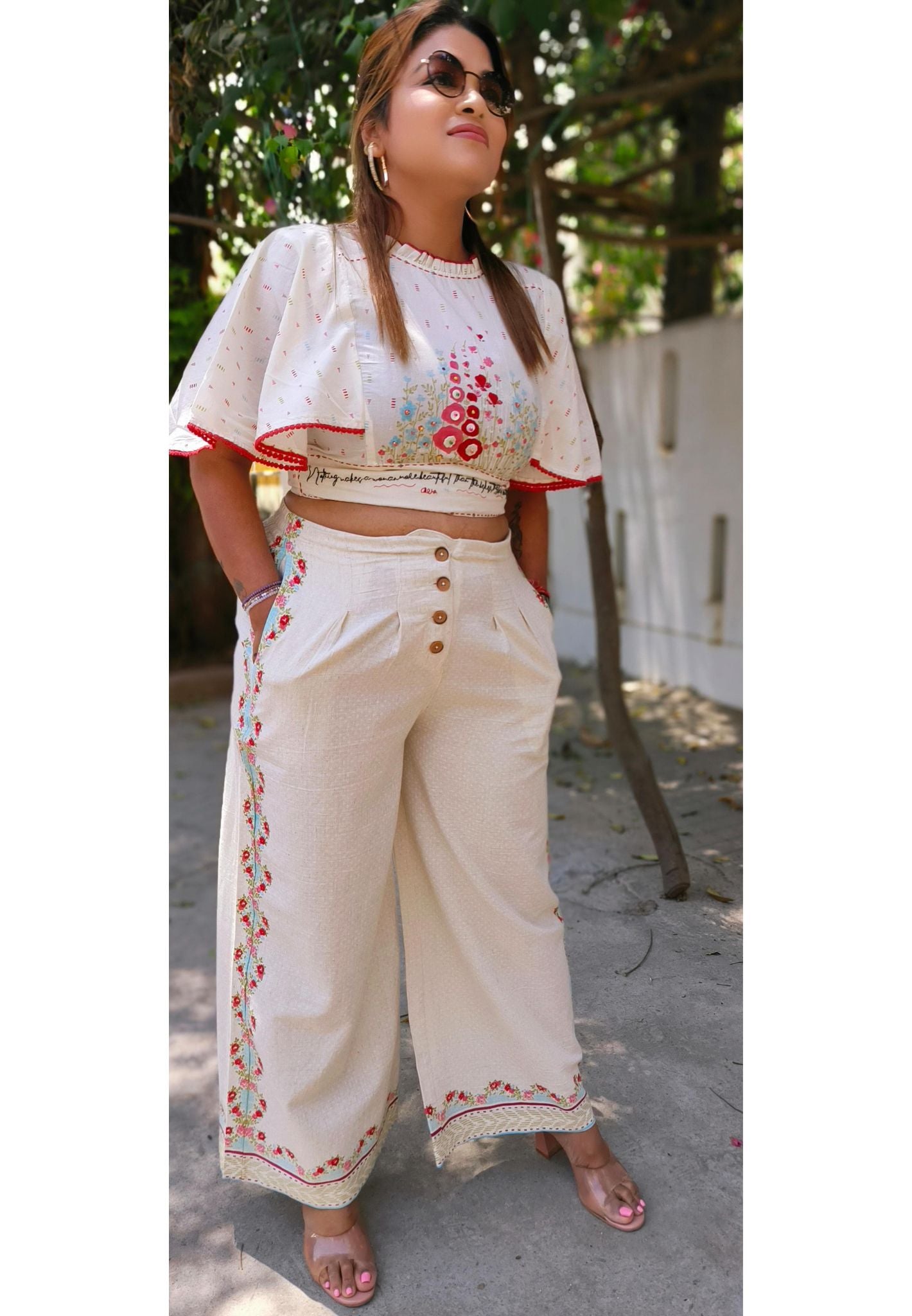 Cotton Embroidered Crop Top With Print Bottom Co-ord set (Set of 2)04704