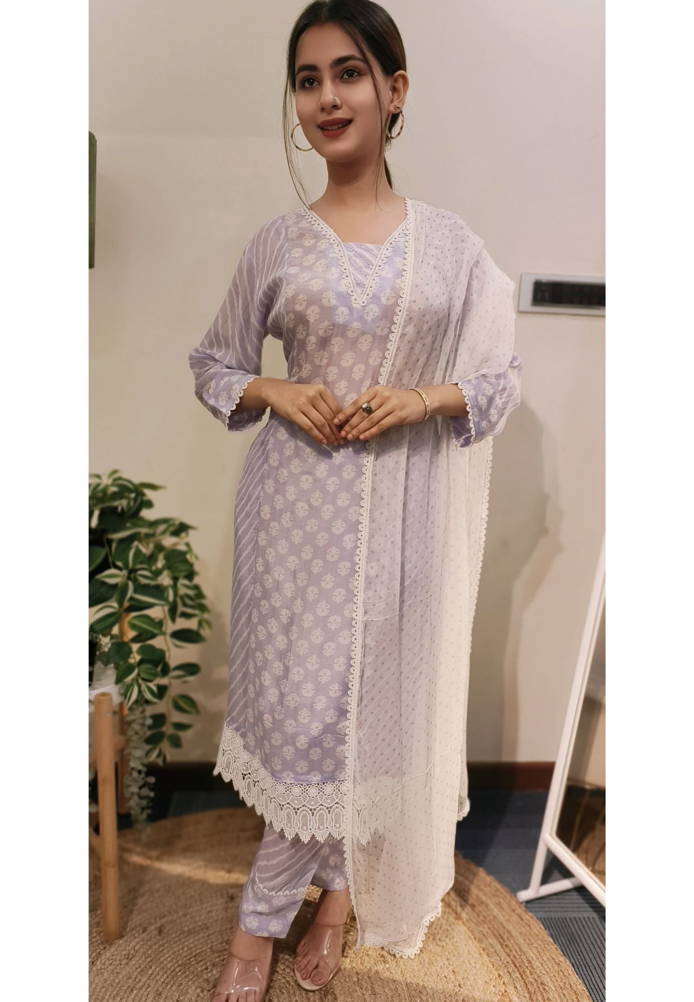 Pastel Lilac transparent  muslin full set with embroidered neck and Chiffon dupatta DRY WASH-04320