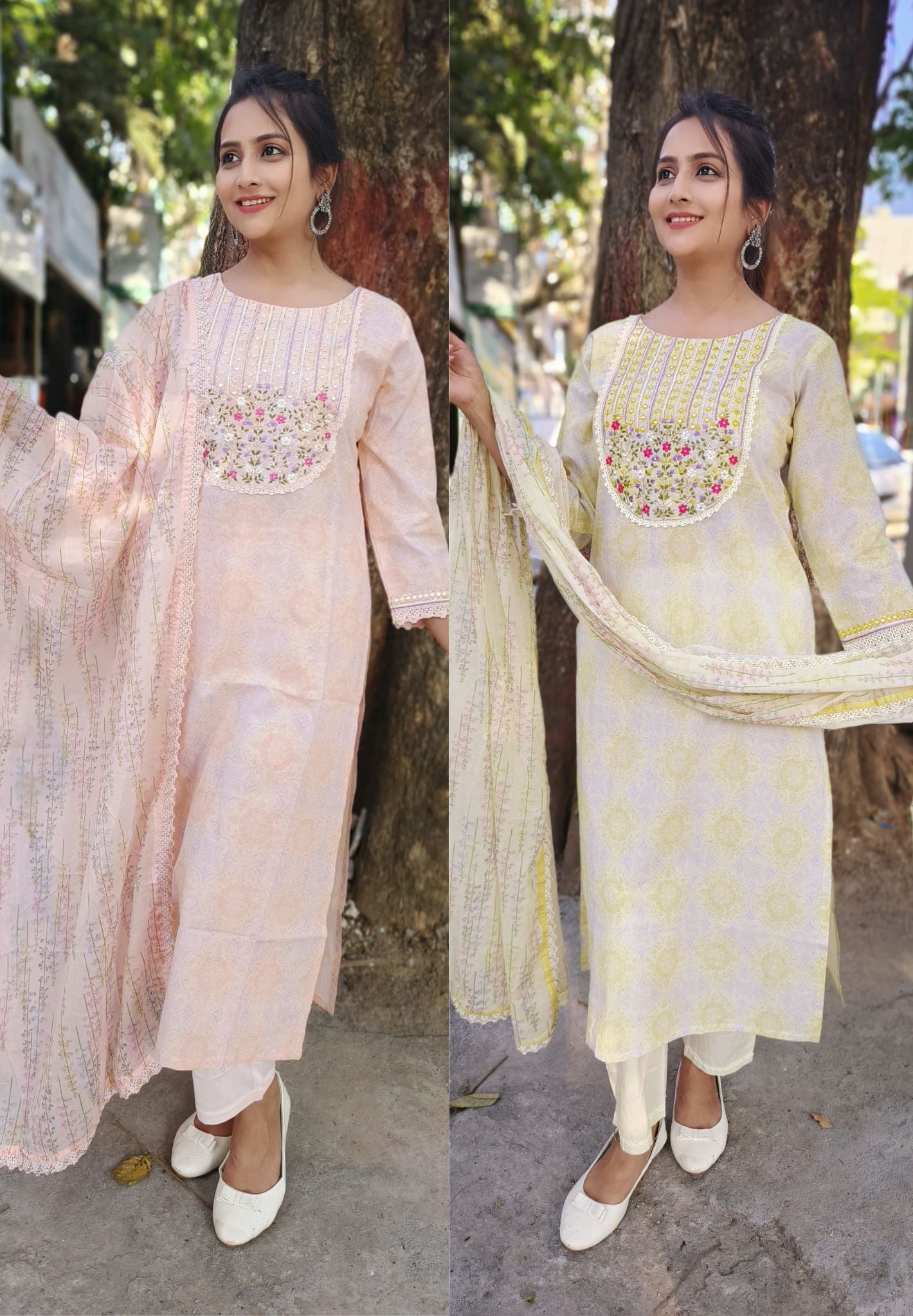 Embroidered Foil mirror neck printed Full Suit Set with Chiffon dupatta DRY WASH-04402