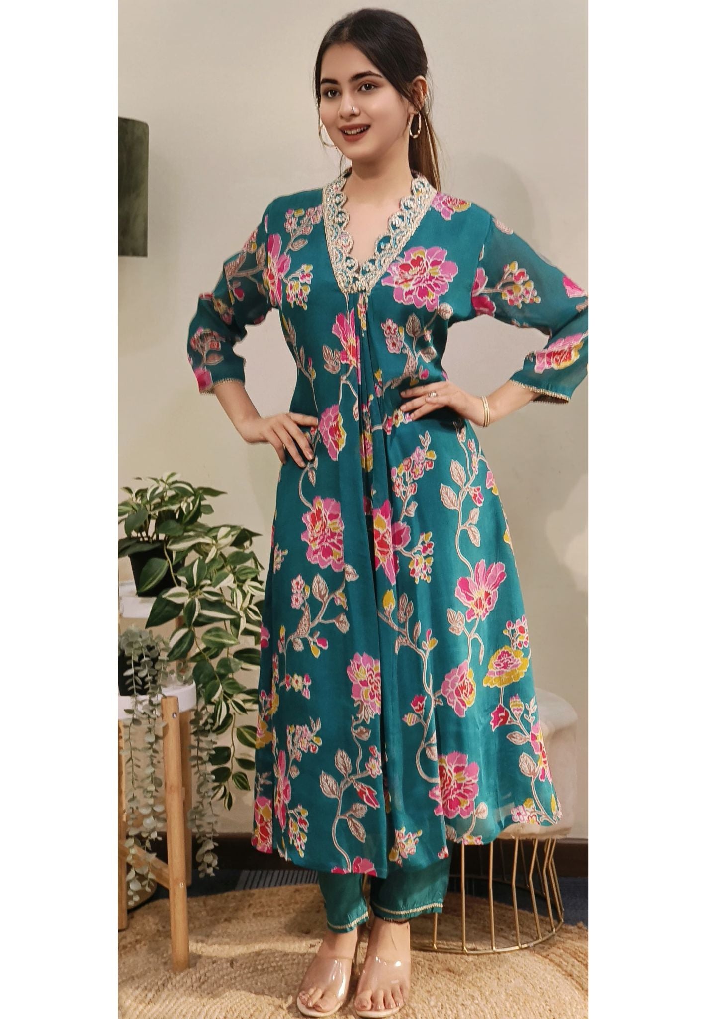 Embroidered lace floral Chinon Kurta Pant DRY WASH-04412