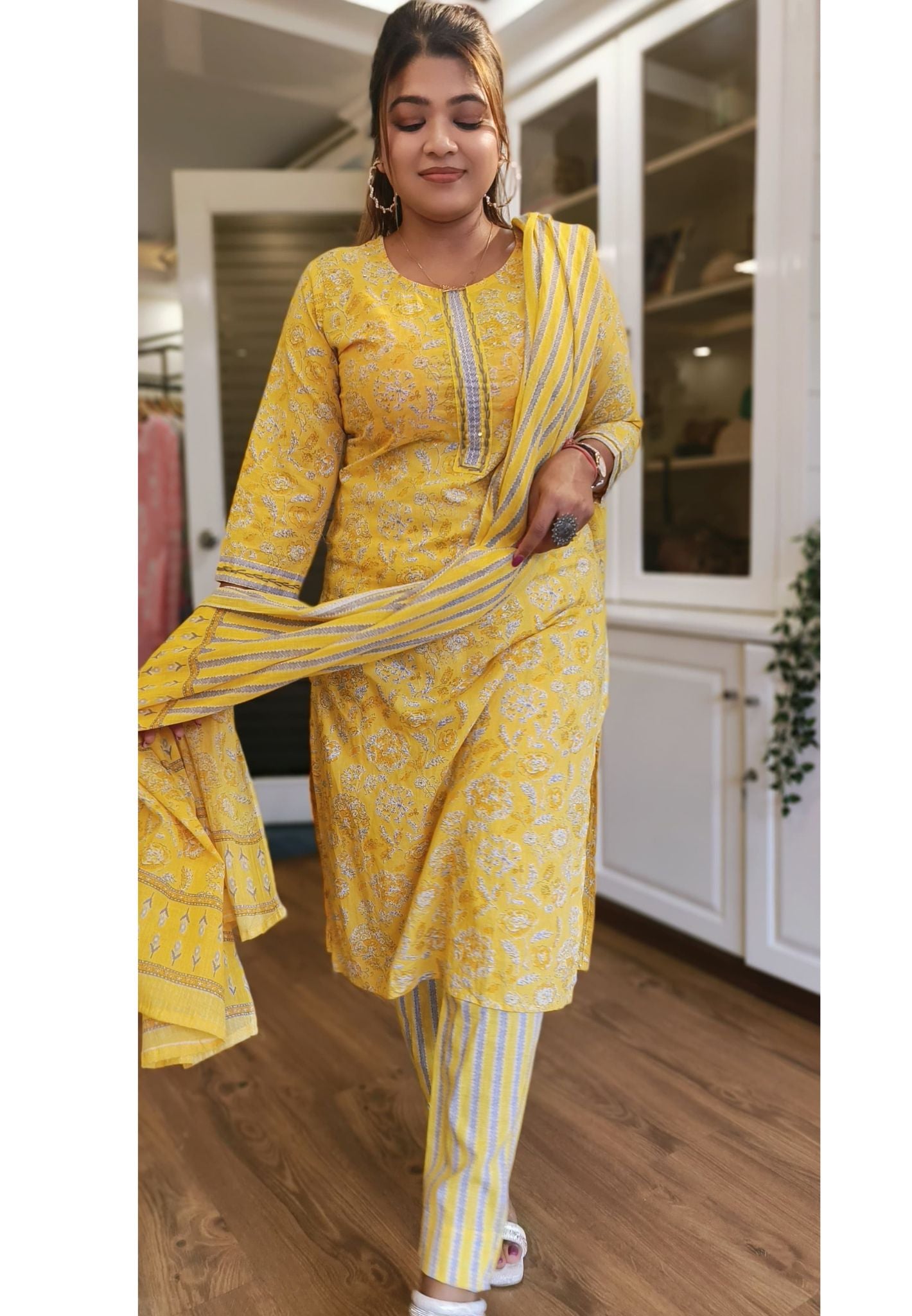 Cotton Floral Yellow Printed Full Suit with Cotton Dupatta