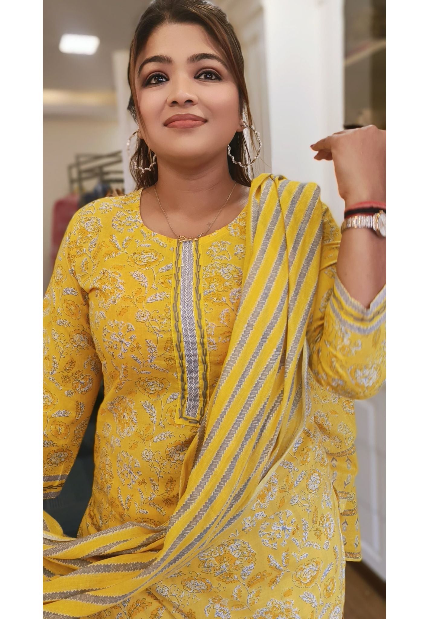 Cotton Floral Yellow Printed Full Suit with Cotton Dupatta
