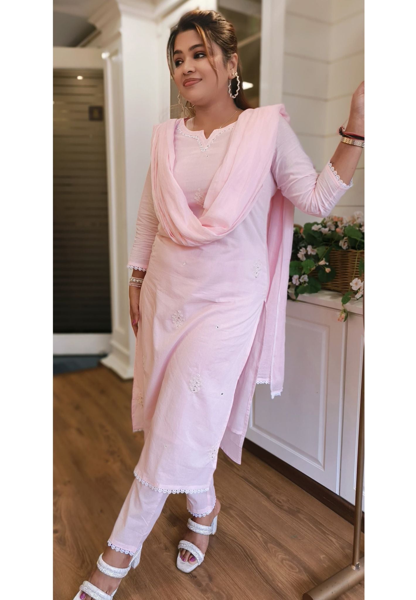 Baby Pink Embroidered  Full Suit with Cotton Dupatta