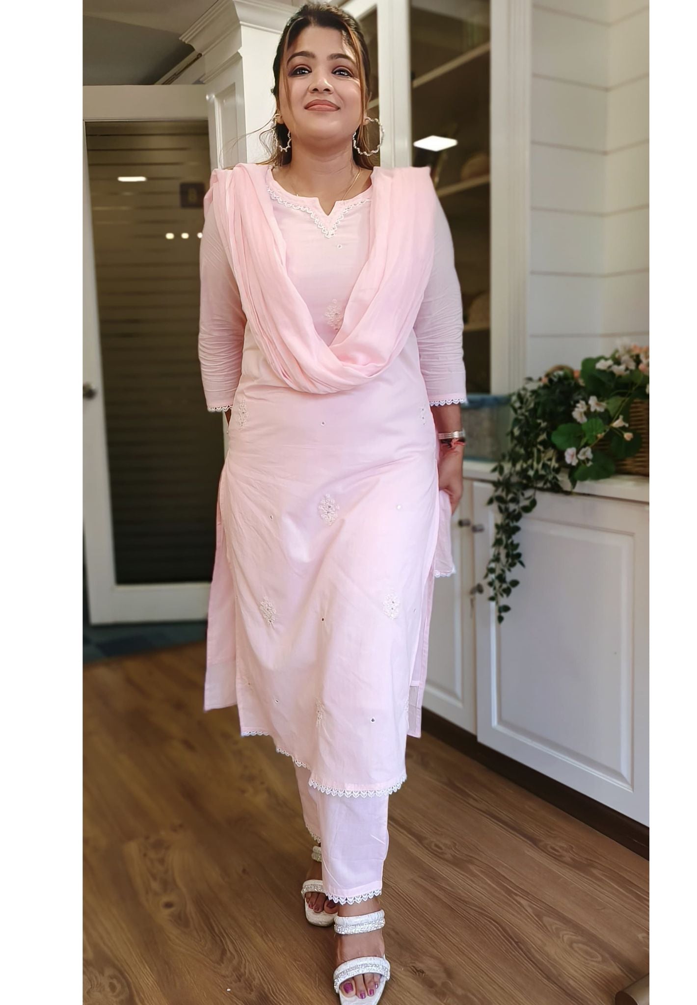 Baby Pink Embroidered  Full Suit with Cotton Dupatta