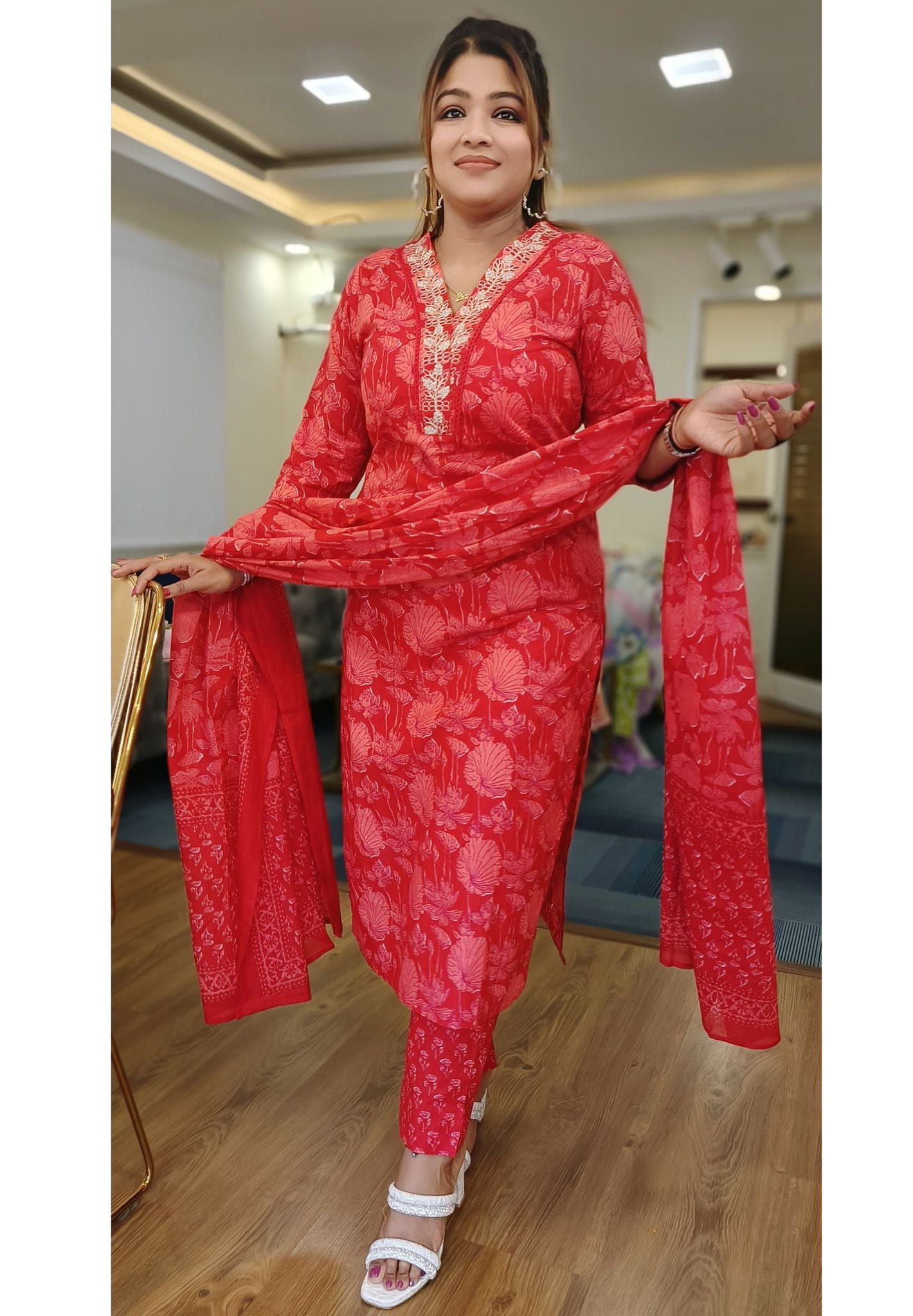 Floral Red Cotton V Neck Embroidered  Full Suit with Cotton Dupatta