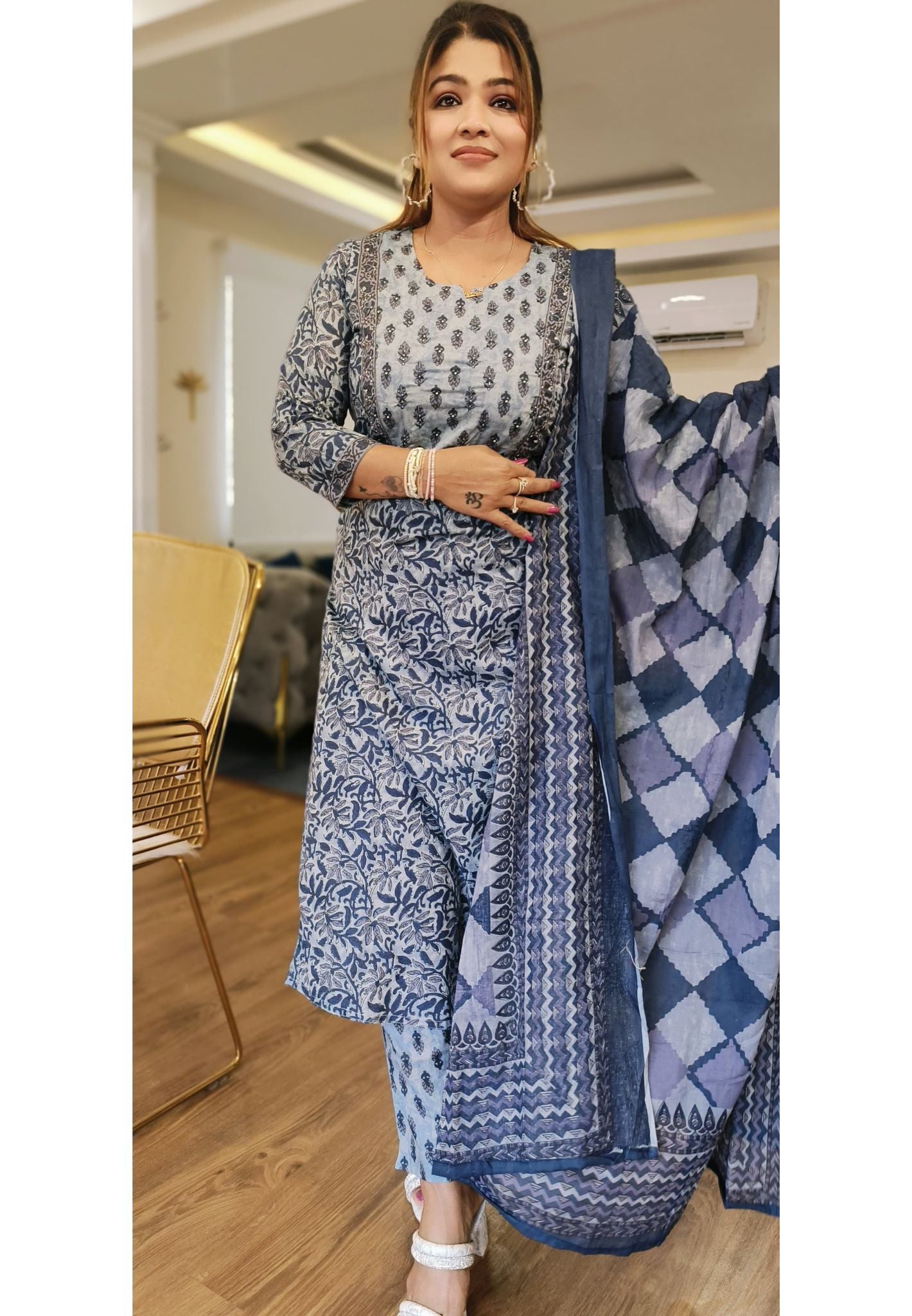 Floral Blue Cotton  Embroidered  Full Suit with Cotton Dupatta