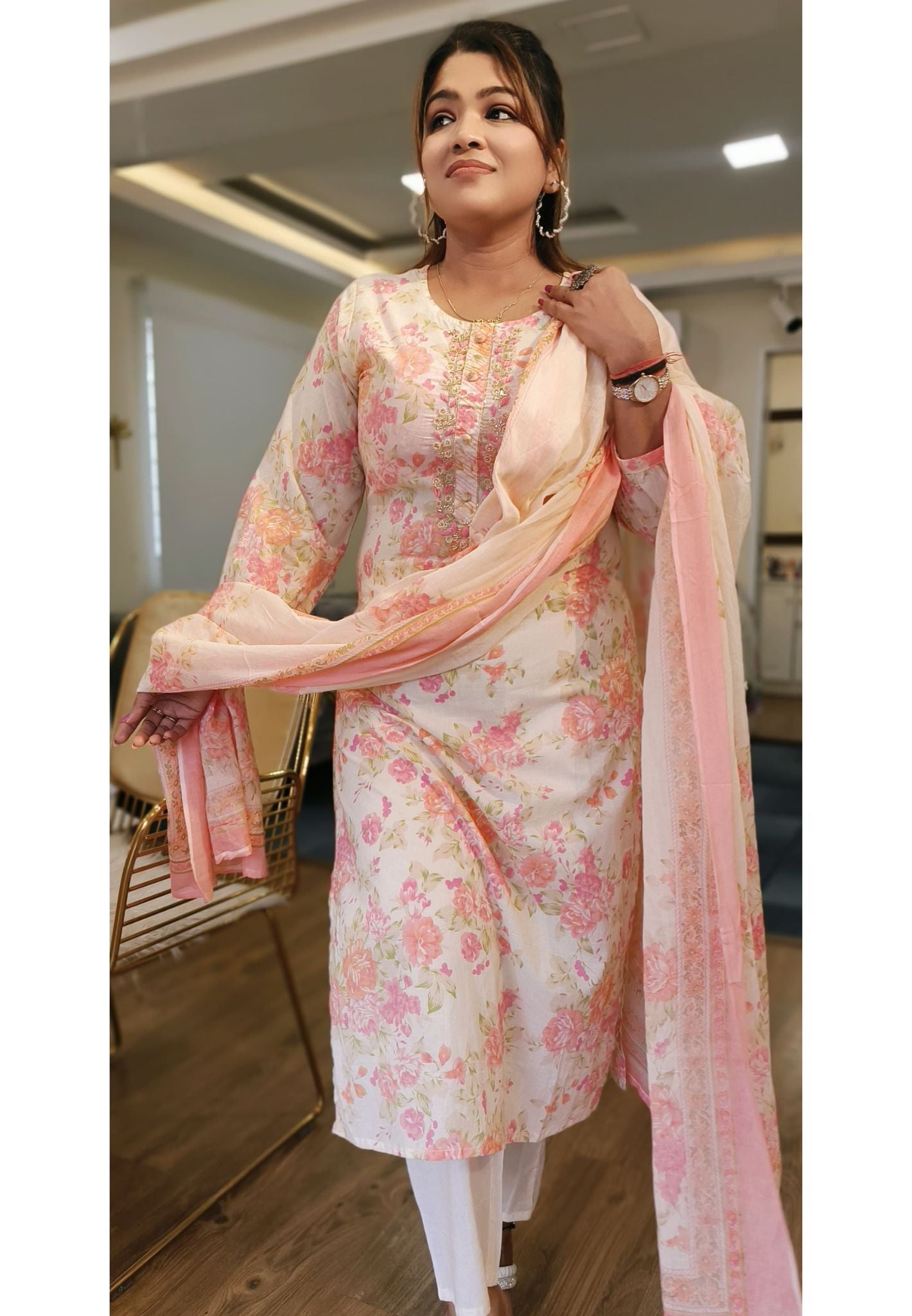 Light Peach Floral Cotton Pearl Embroidered  Full Suit with Cotton Dupatta