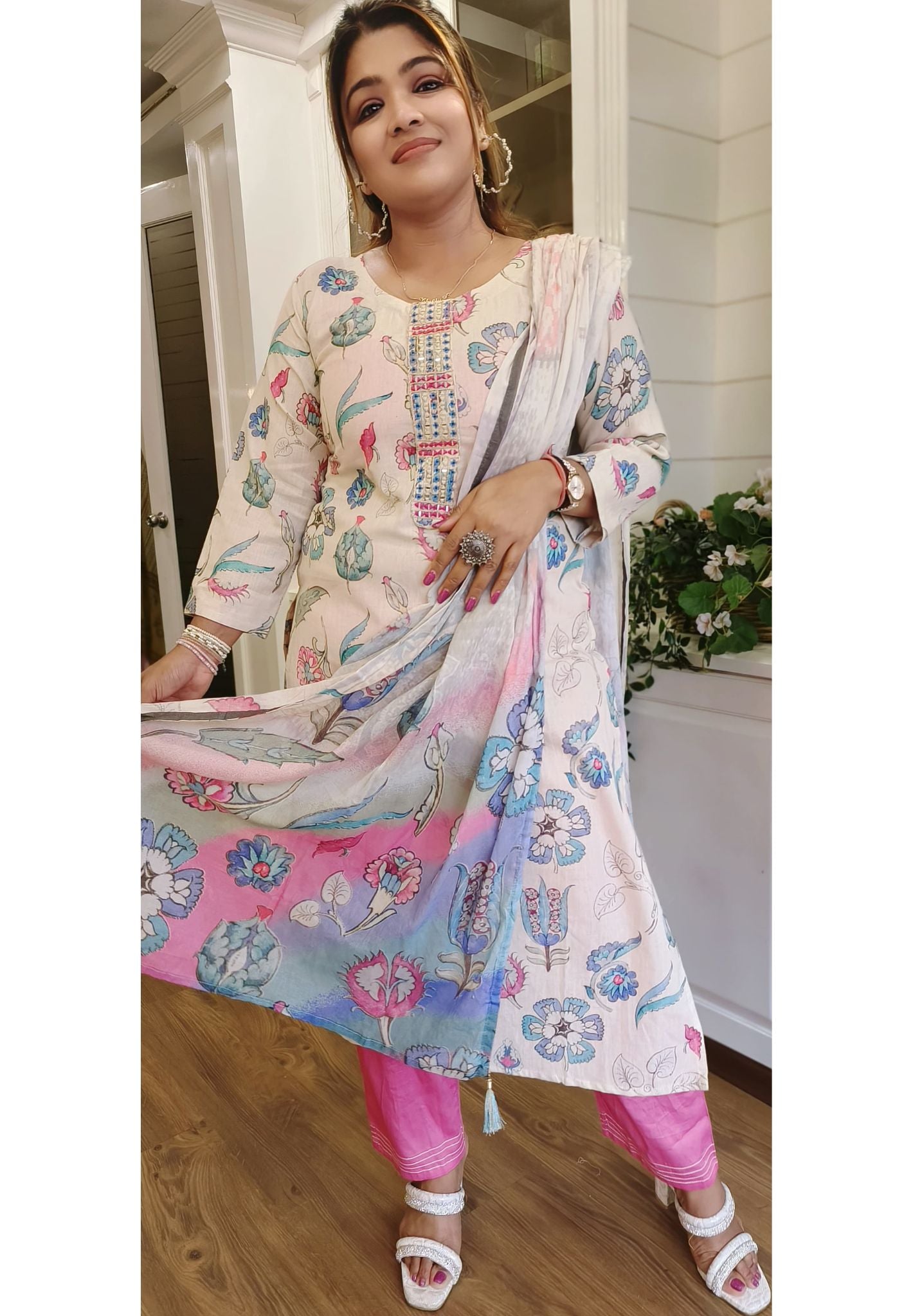 Floral Cotton Printed Embroidered  Full Suit with Cotton Dupatta