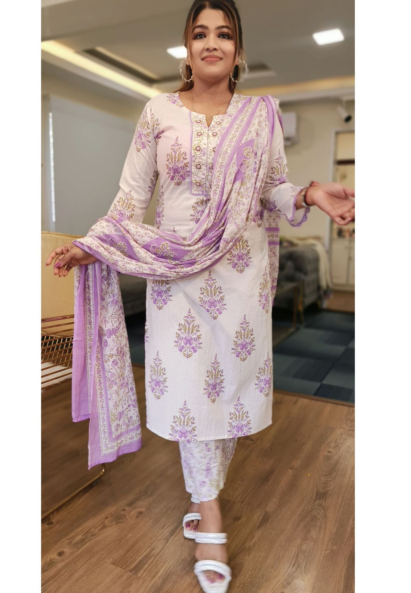Lilac Floral Cotton Printed Embroidered Neck  Full Suit with Cotton Dupatta