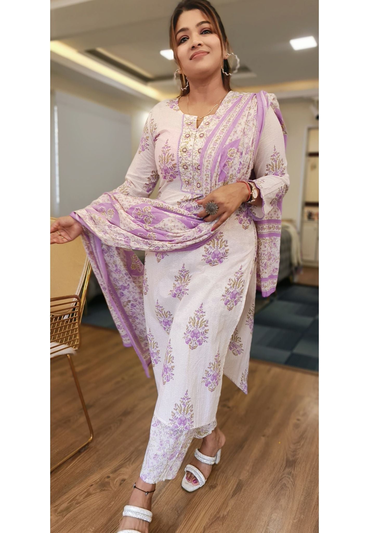 Lilac Floral Cotton Printed Embroidered Neck  Full Suit with Cotton Dupatta