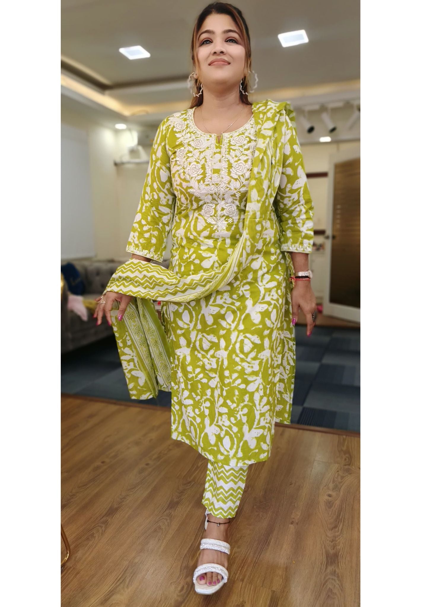 Green Thread Embroidered Neck  Full Suit with Cotton Dupatta