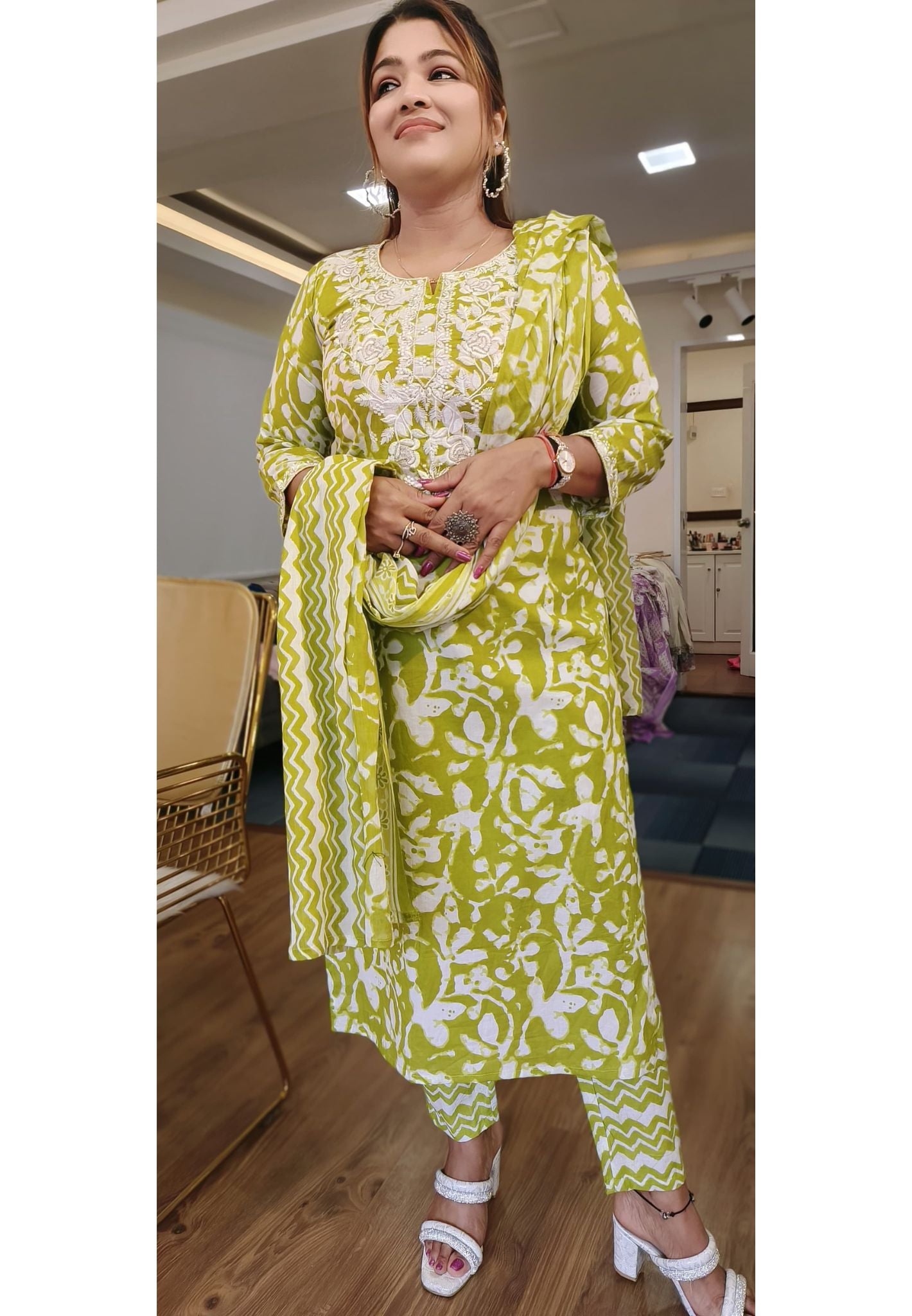 Green Thread Embroidered Neck  Full Suit with Cotton Dupatta