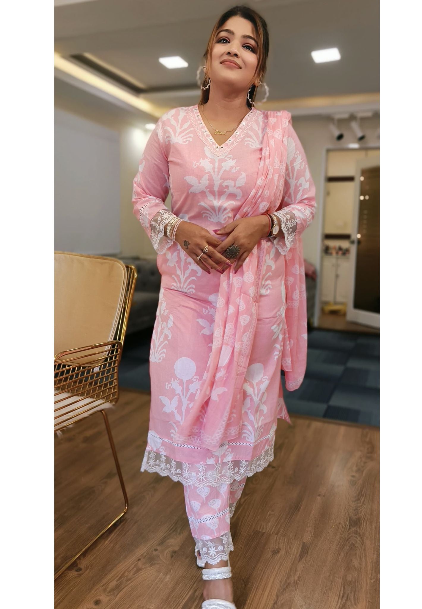 Light Pink Floral Cotton Printed Embroidered Neck  Full Suit with Cotton Short Dupatta