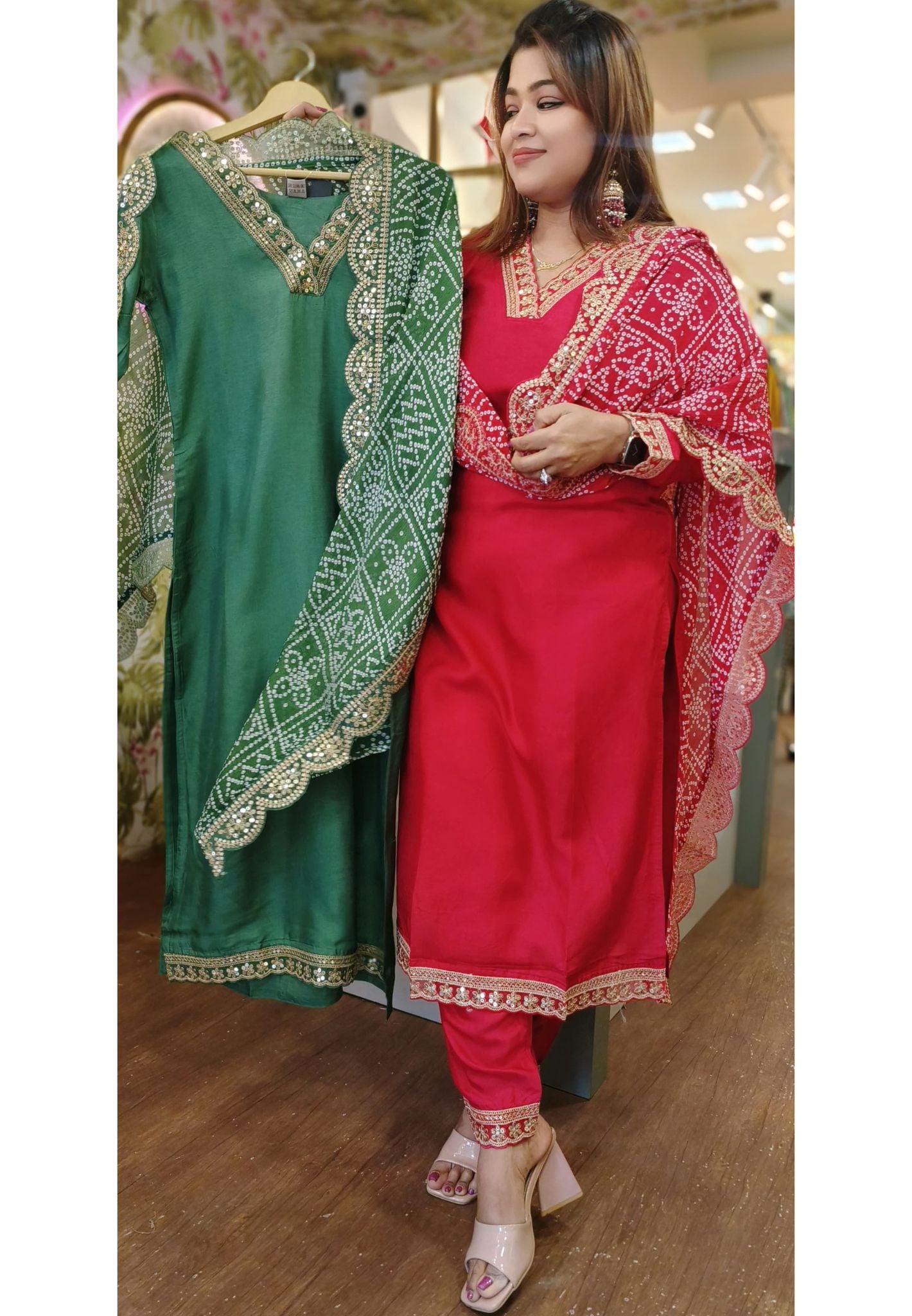 Solid Shade Silk  embroidered  full suit set with Bandani Chiffon dupatta 04916