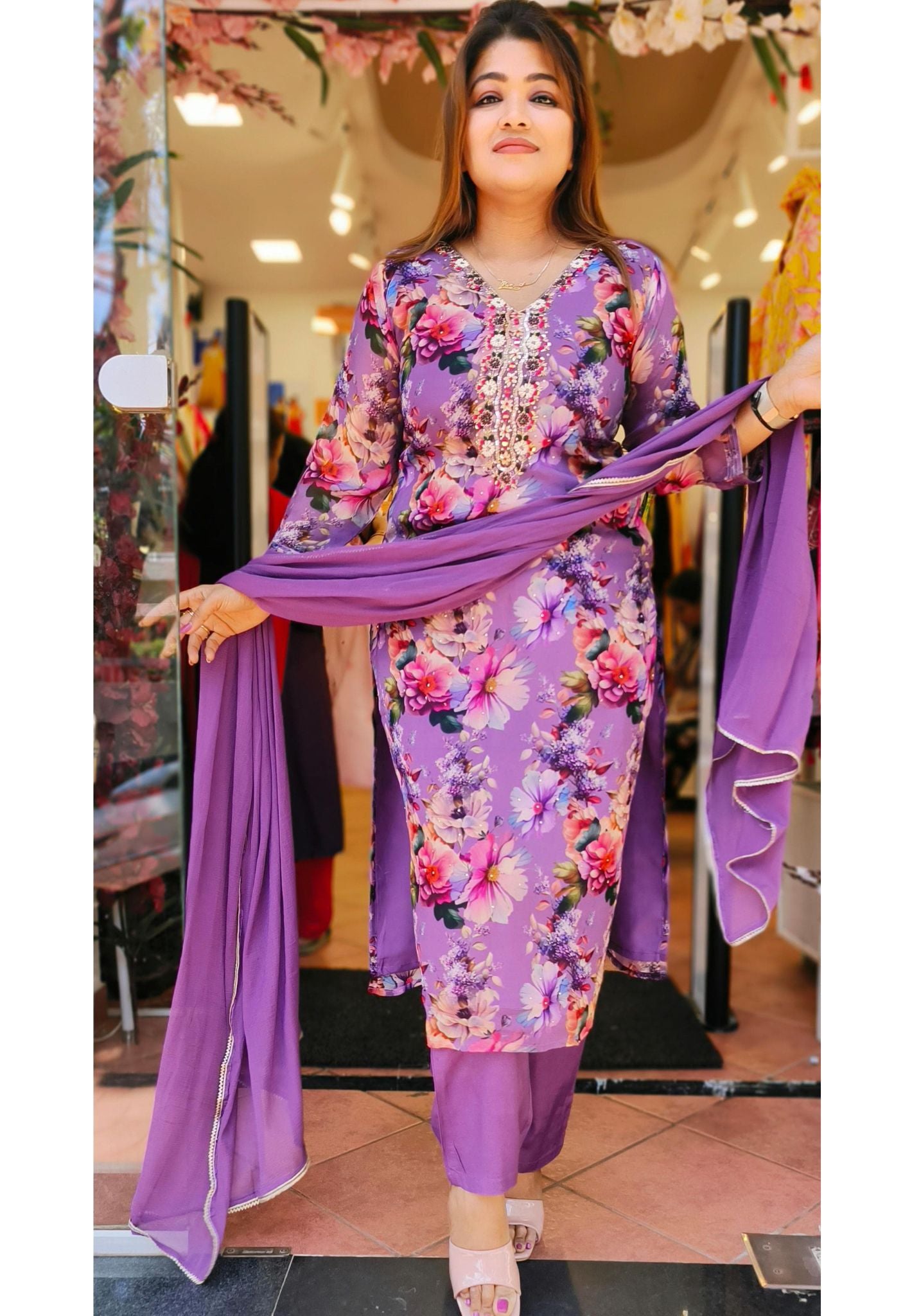 Purple Floral Organza embroidered  full suit set with Chiffon dupatta 04842