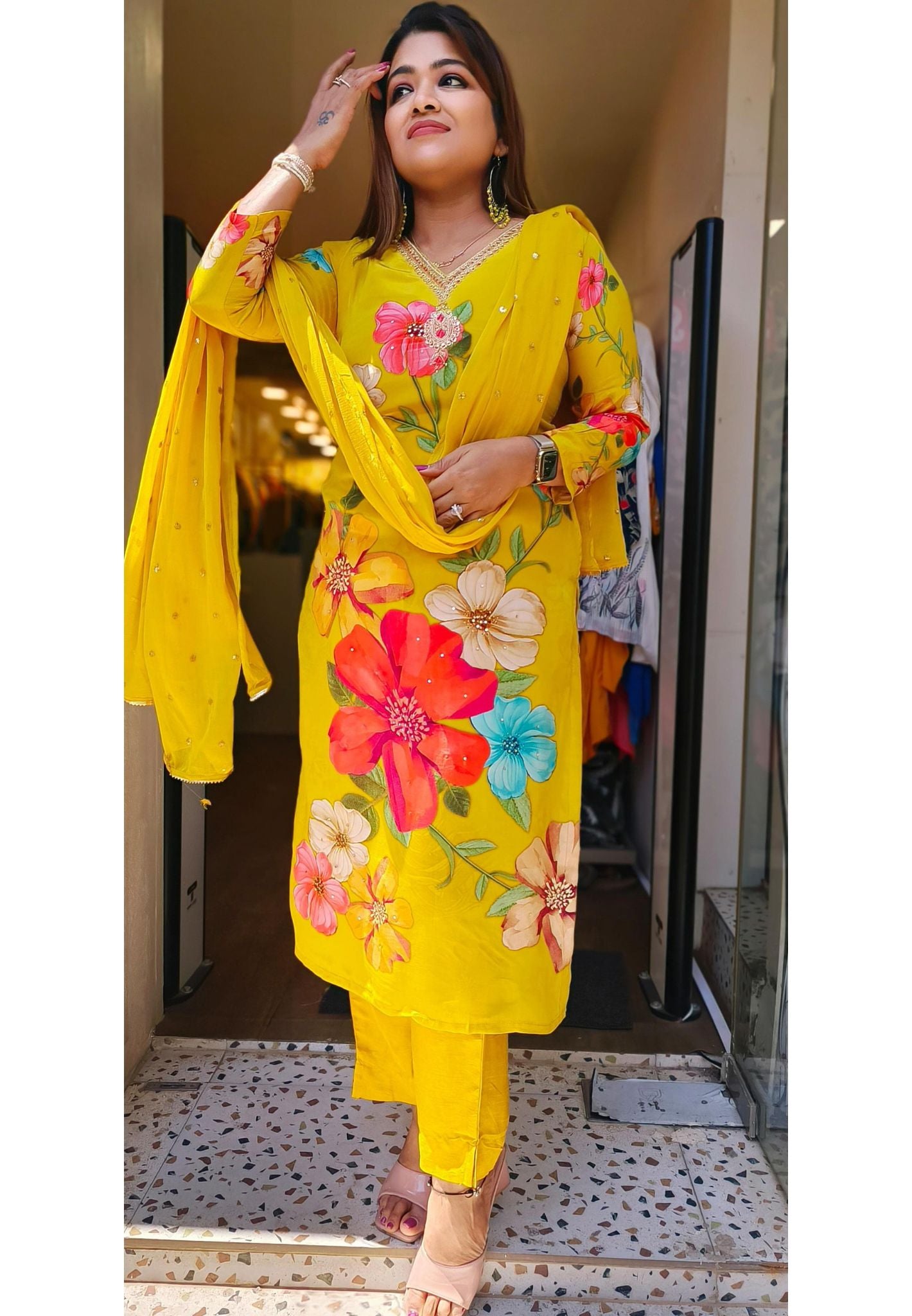Pure crape Yellow Floral embroidered lining  full suit set with Chiffon dupatta 04920 Lean Fit
