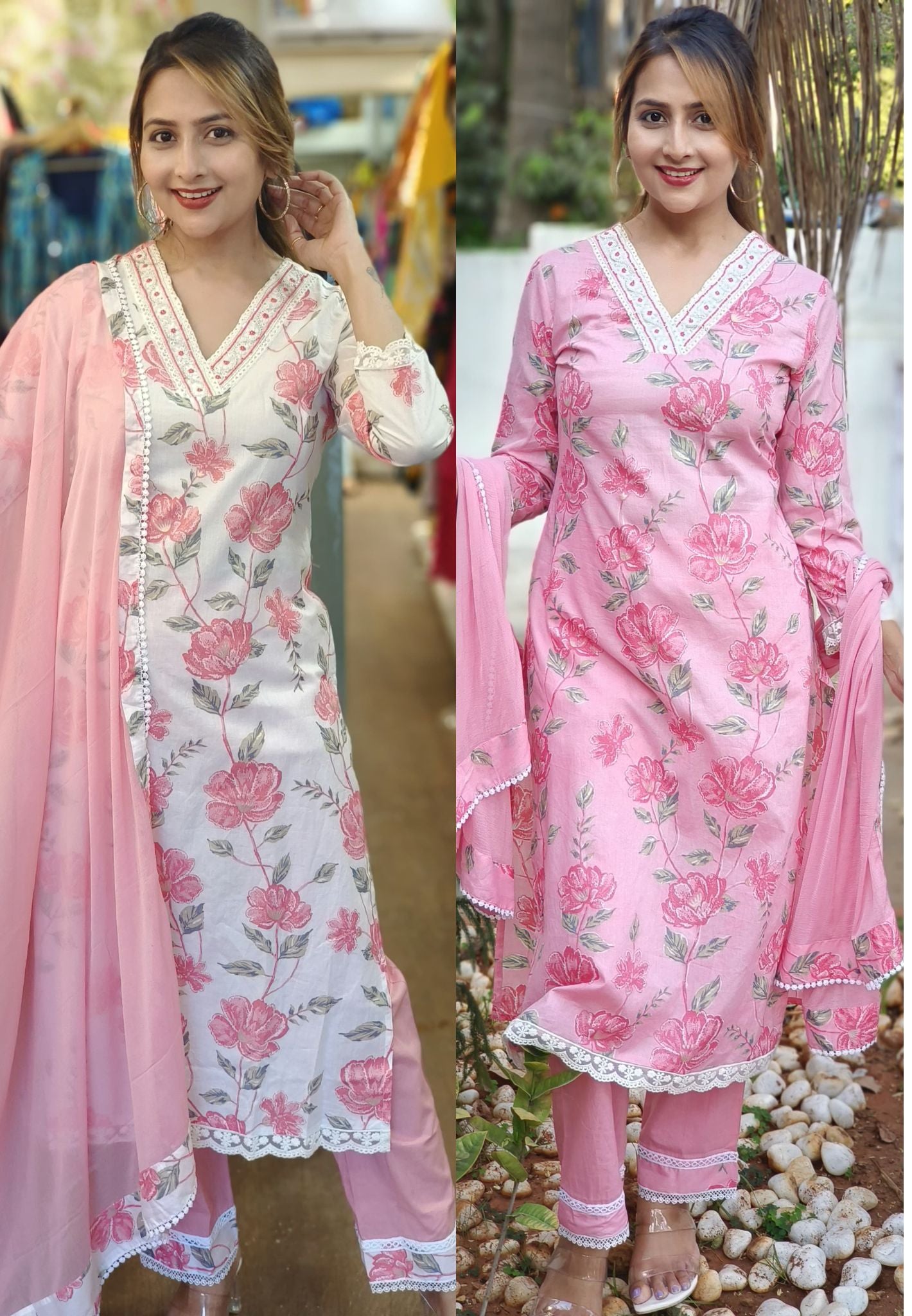 Embroidered V Neck Floral  Printed Cotton kurta with pant and Chiffon Dupatta 05021