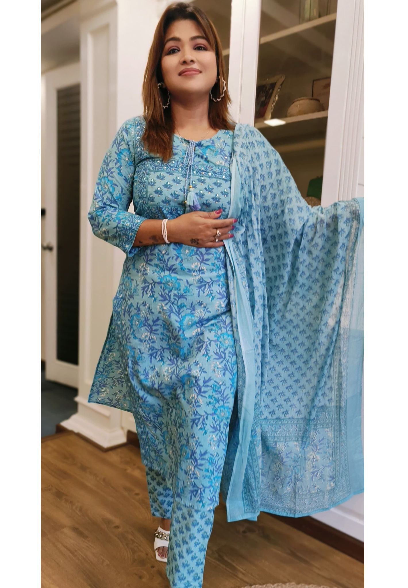 Blue Printed Cotton Floral Full Suit with Cotton Dupatta-05023