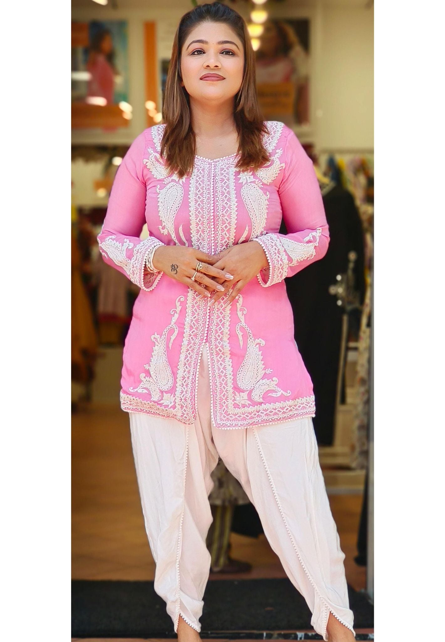 Beautiful Pink Embroidered Neck Georgette dhoti pant DRYWASH Dispatching after 25 days-0