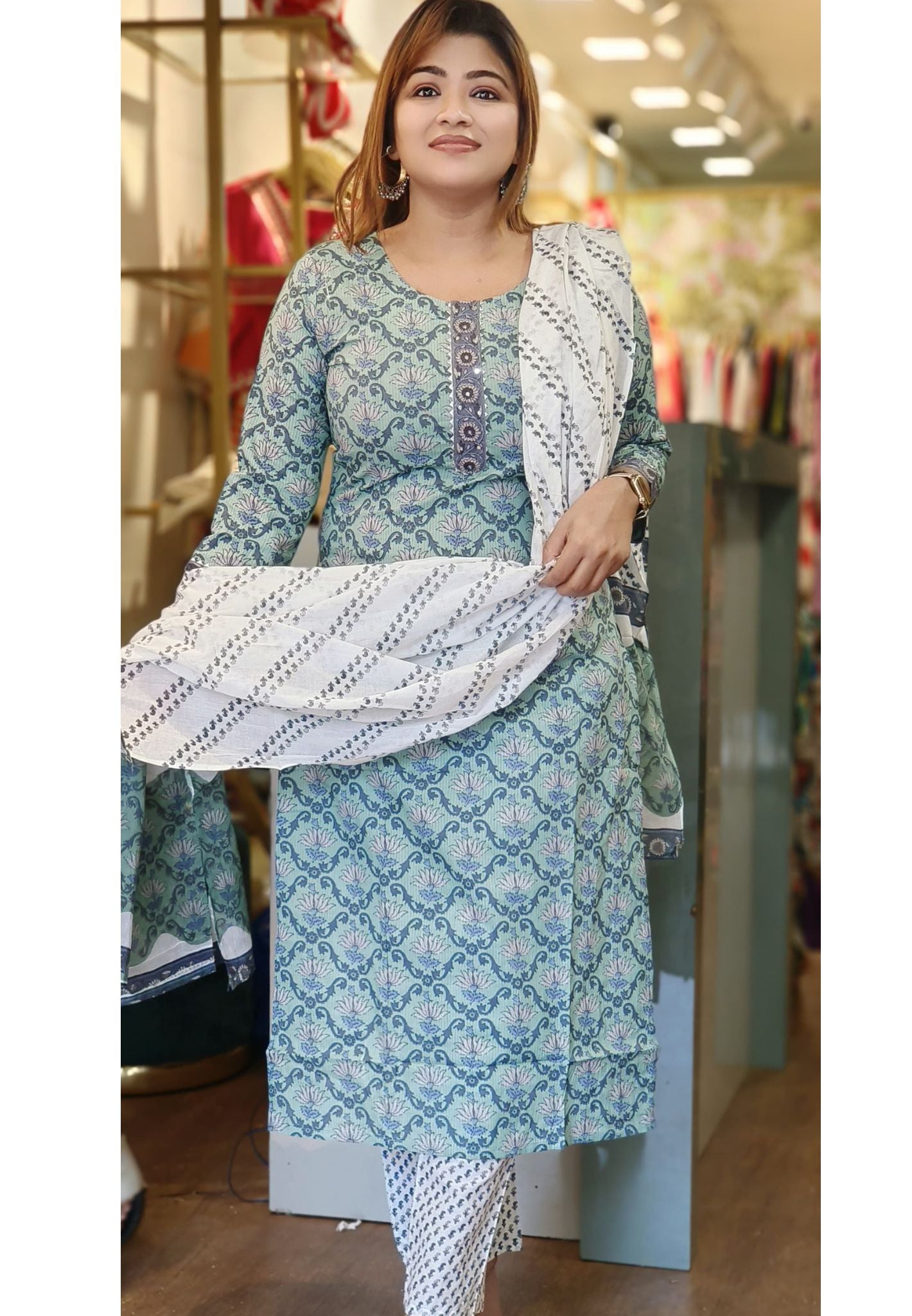 Cotton Printed Neck Full Suit with Cotton Dupatta