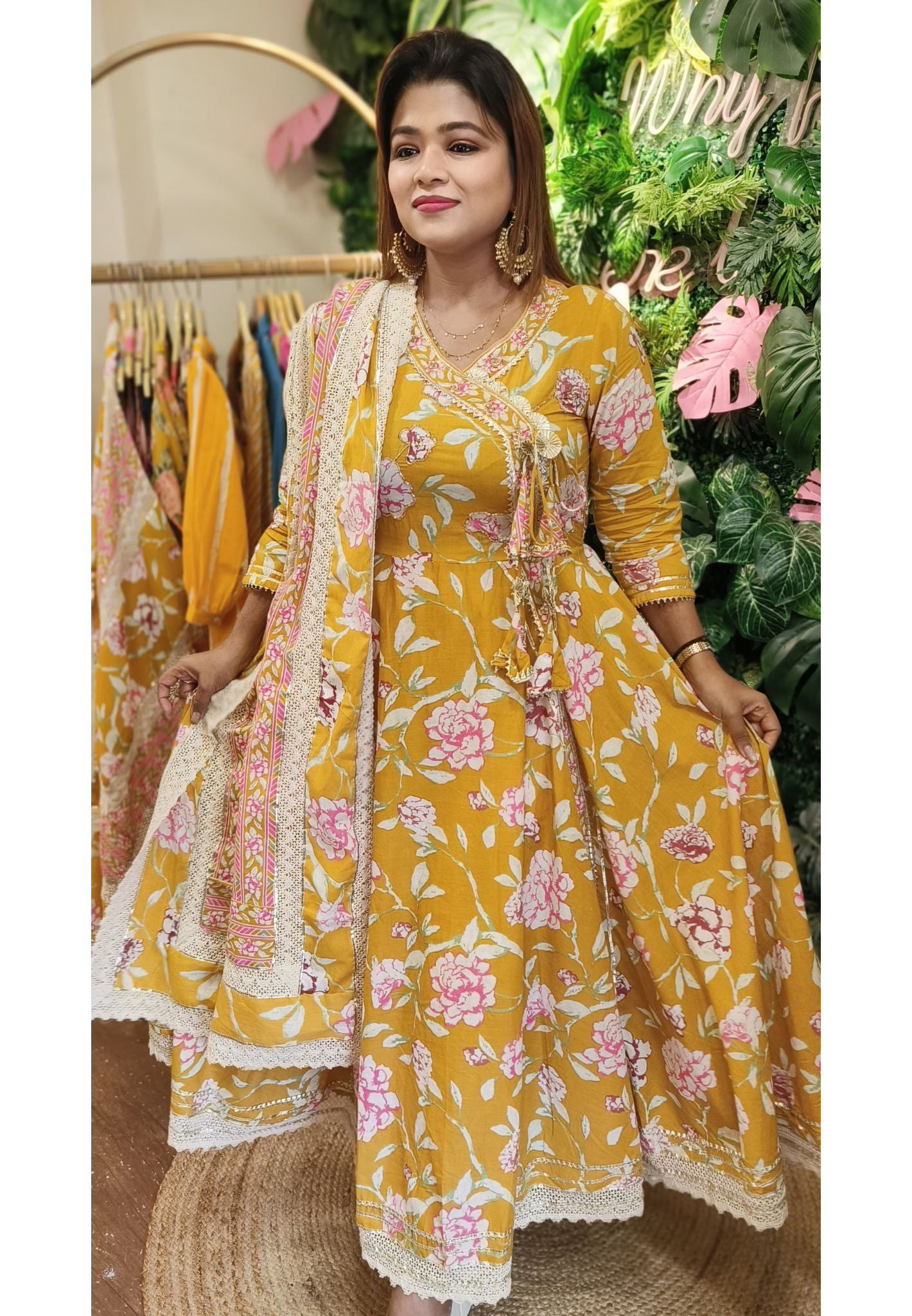 Cut dana Embroidery Cotton Angrakha Style  Floral  Printed Anarkali full suit-05389