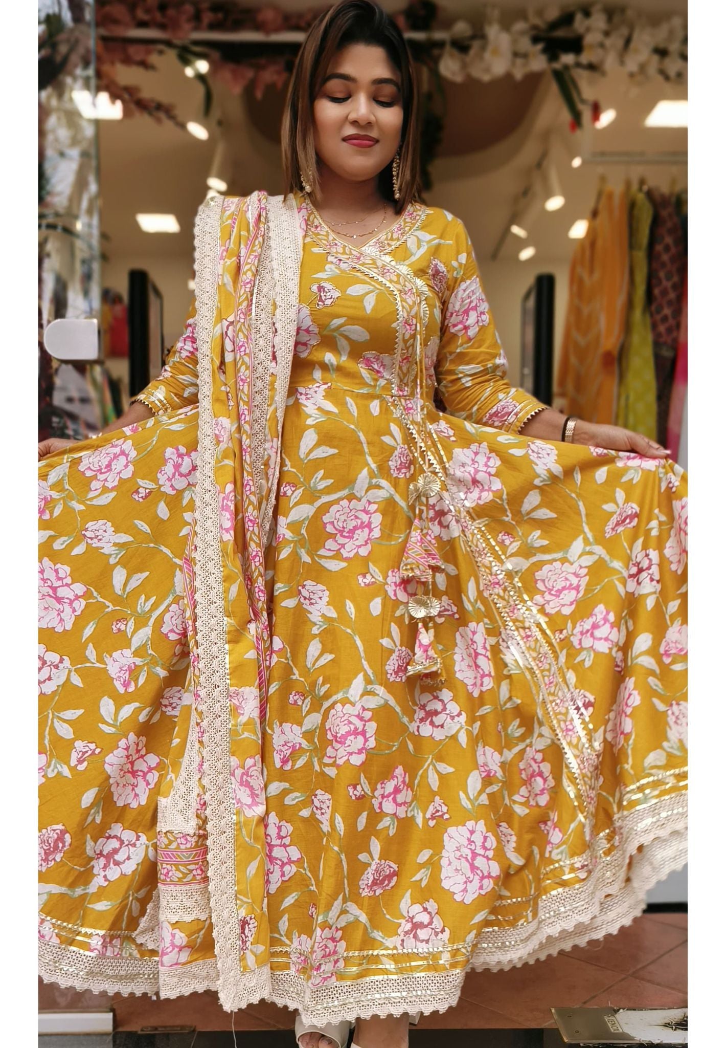 Cut dana Embroidery Cotton Angrakha Style  Floral  Printed Anarkali full suit-05389