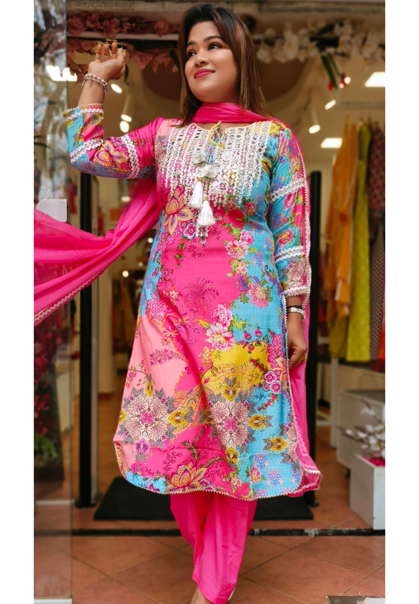 Beautiful real mirror Printed Muslin Full Suit with chiffon duptta-05361