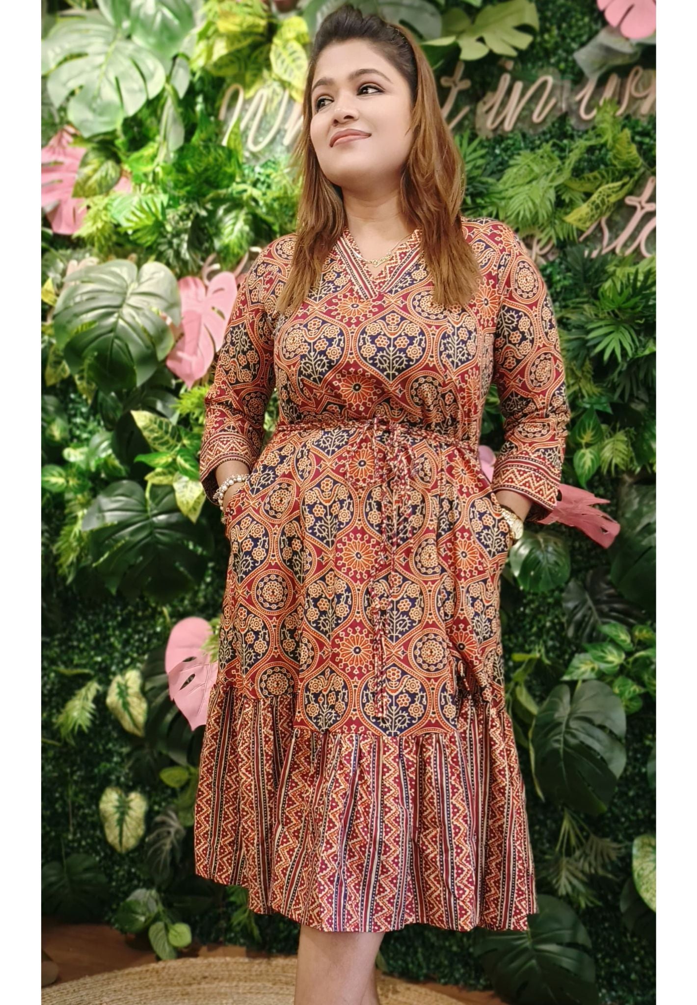 Cotton printed V -neck Knee Length Frock with 3/4th Sleeves 05440