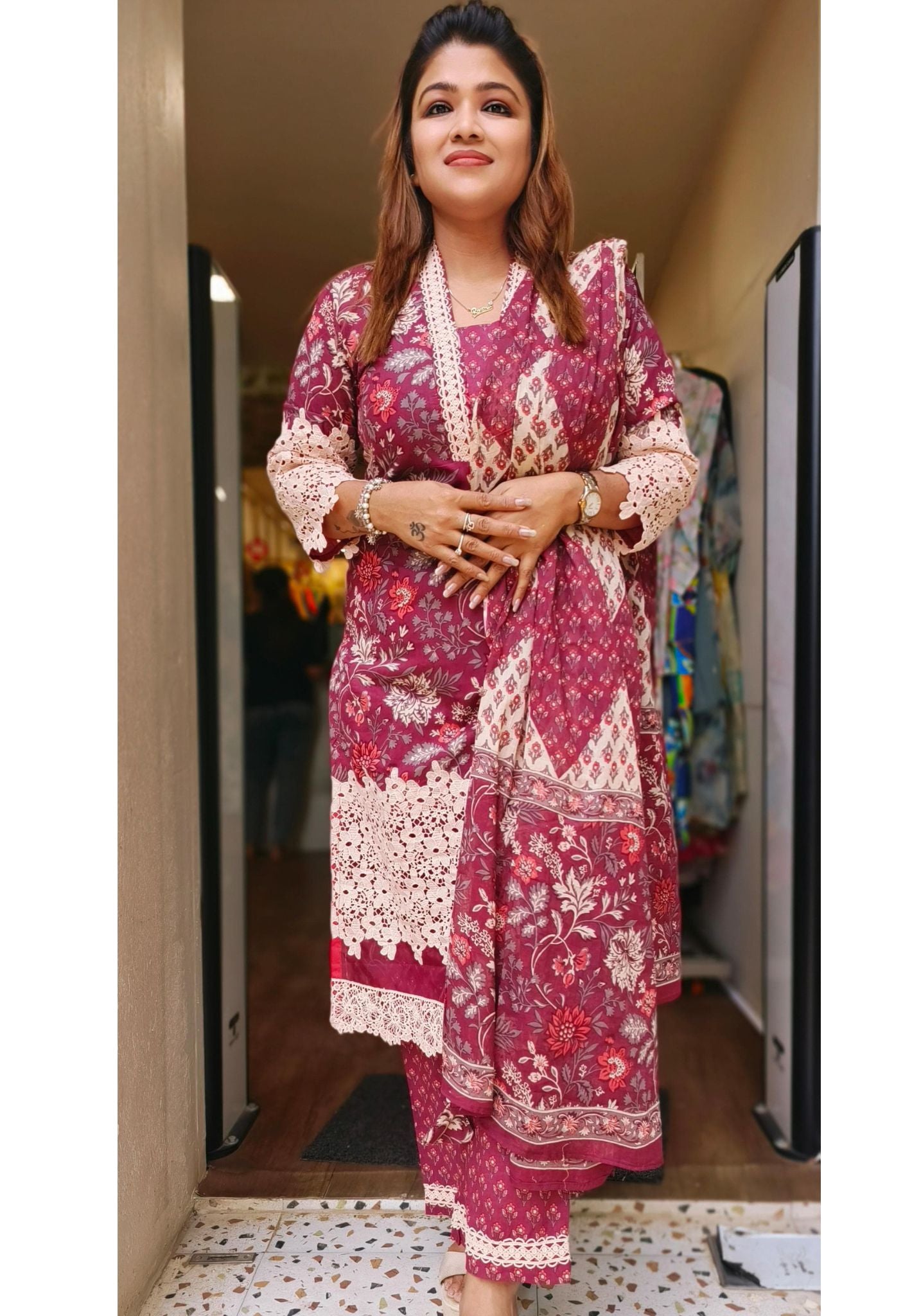 Embroidered cotton Floral Print Full Suit Set and Dupatta-05388