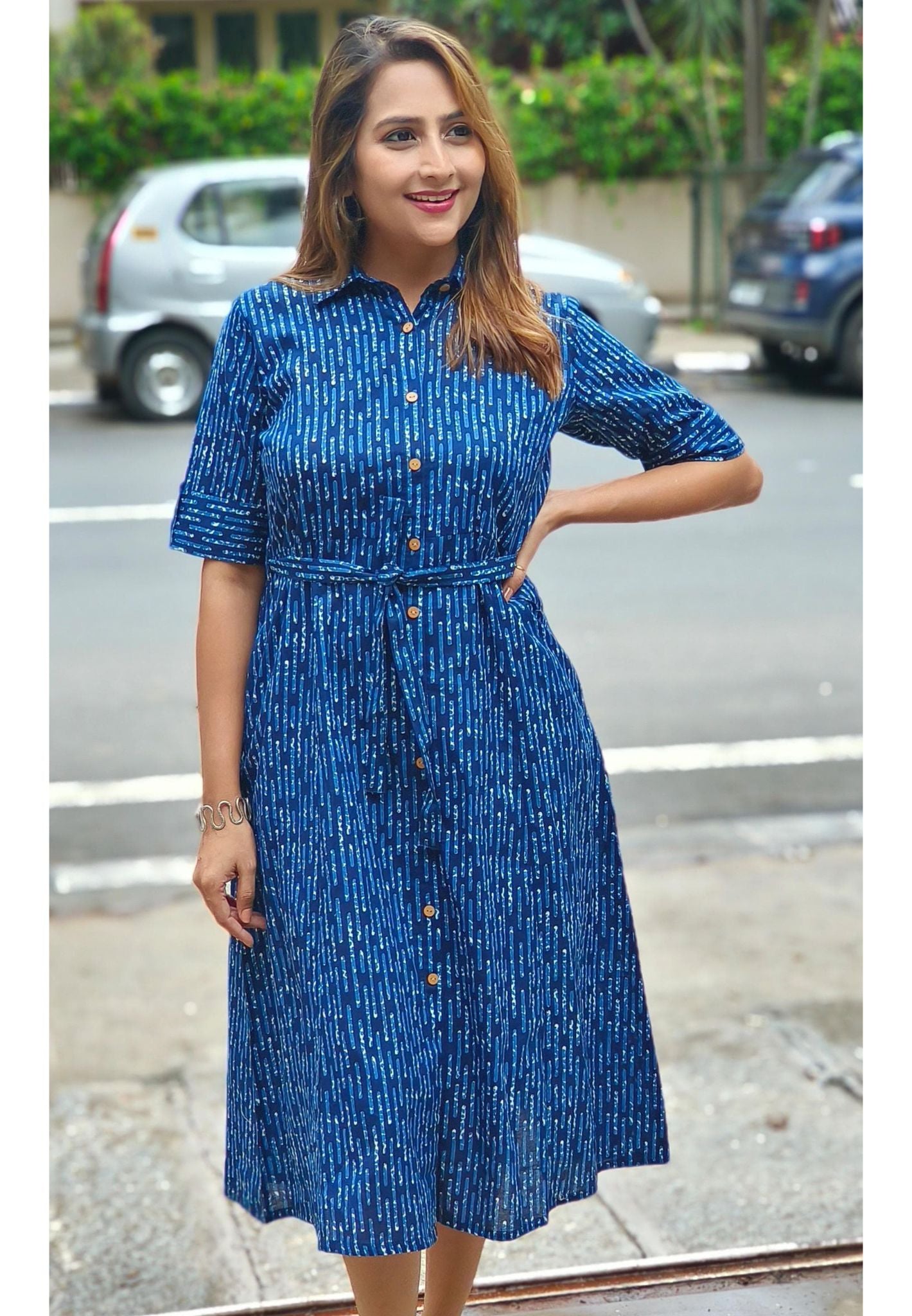 Cotton Printed Knee Length Collar neck Frock and belt -05465