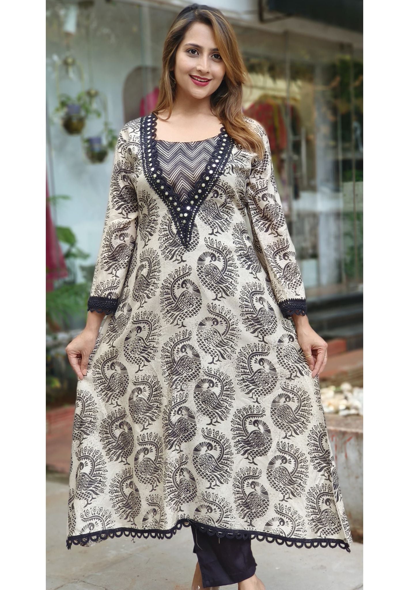 Stylish Muslin V-neck Embroidered aline kurta Pant with  short lining  DRYWASH-05491