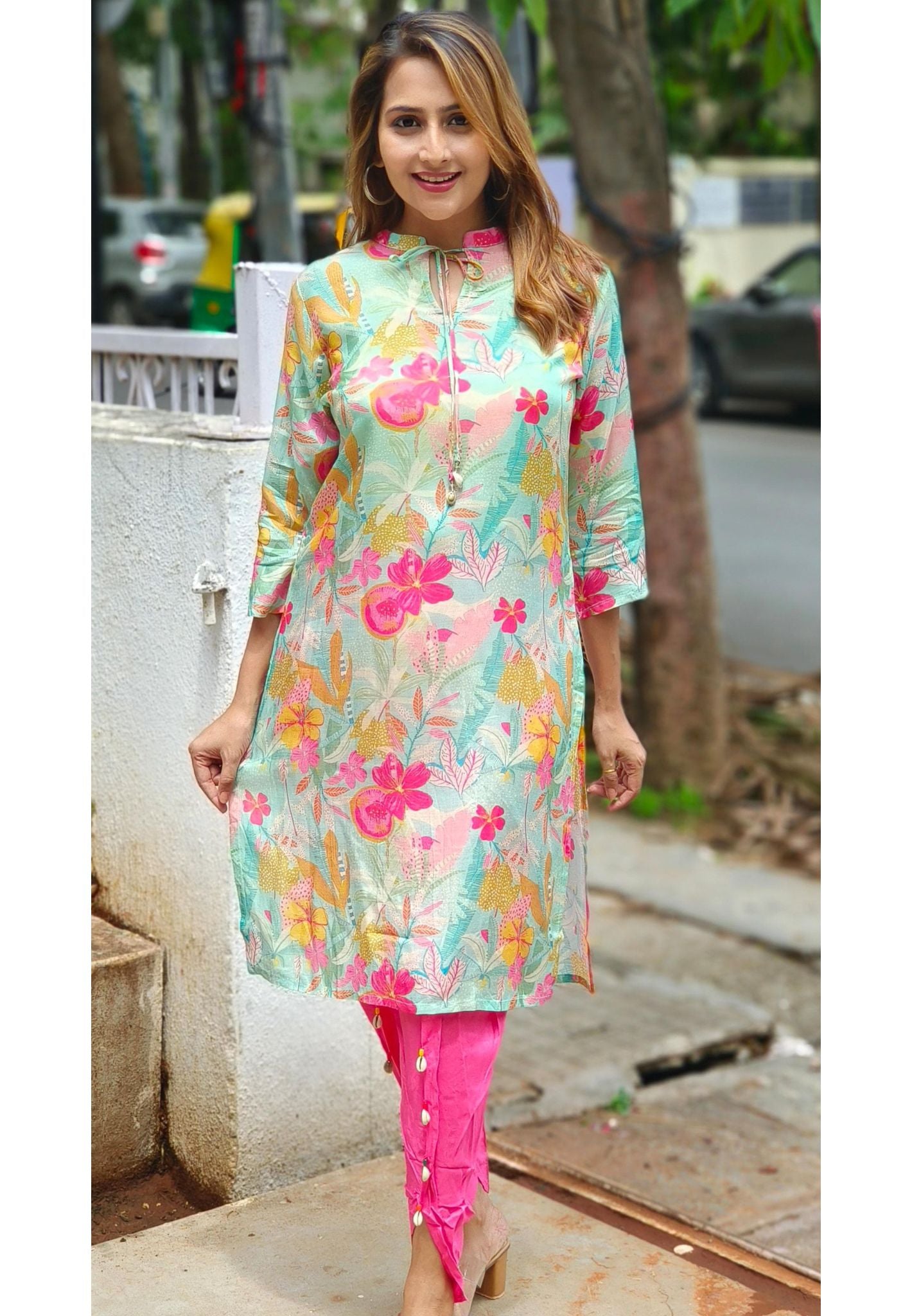 Bright Floral Print Stylish muslin Top With stylish Dhoti pants DRYWASHONLY-05542