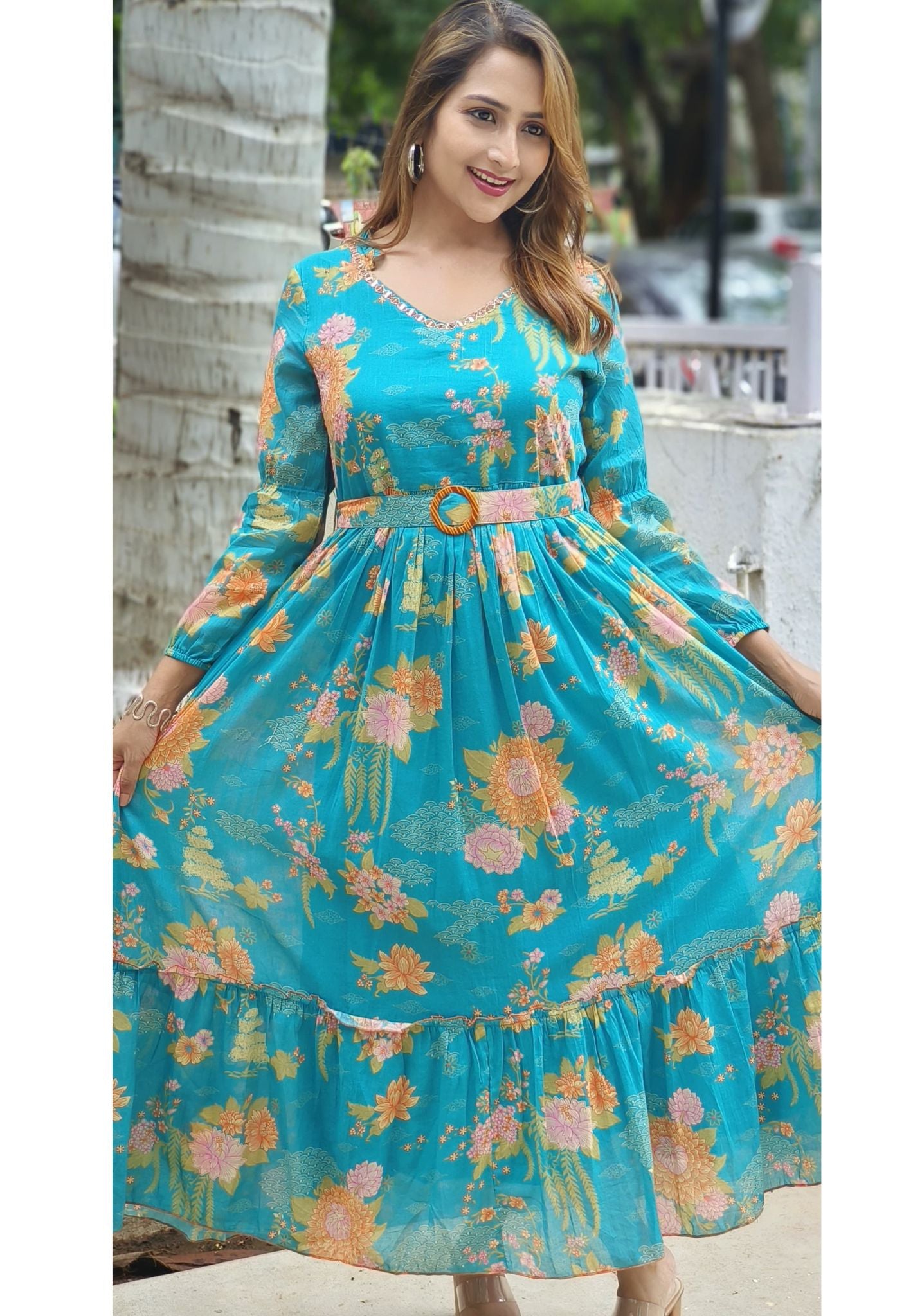 Cotton printed real mirror embroidery long Frock with belt-03437