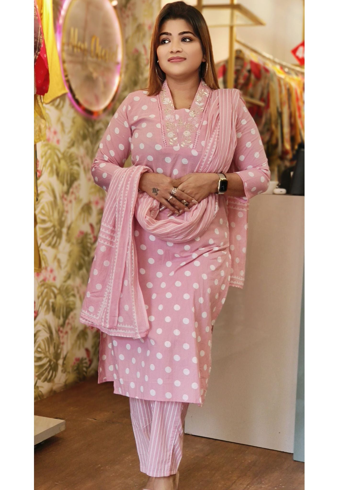 Beautiful pollka dots V-neck Embroidered Cotton Full Suit -05580