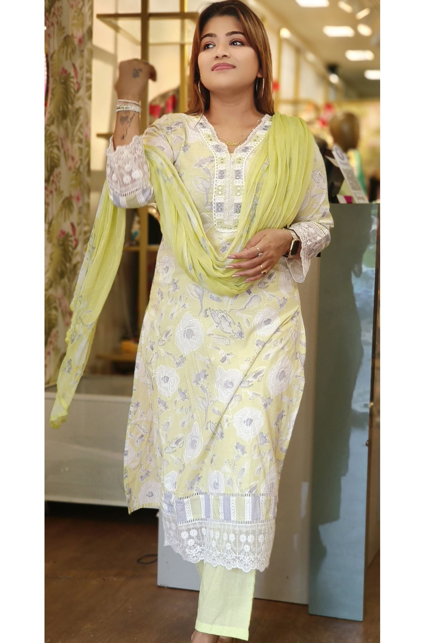 Cotton Printed V-neck embroidery Full Suit Set and chiffon Dupatta-05502