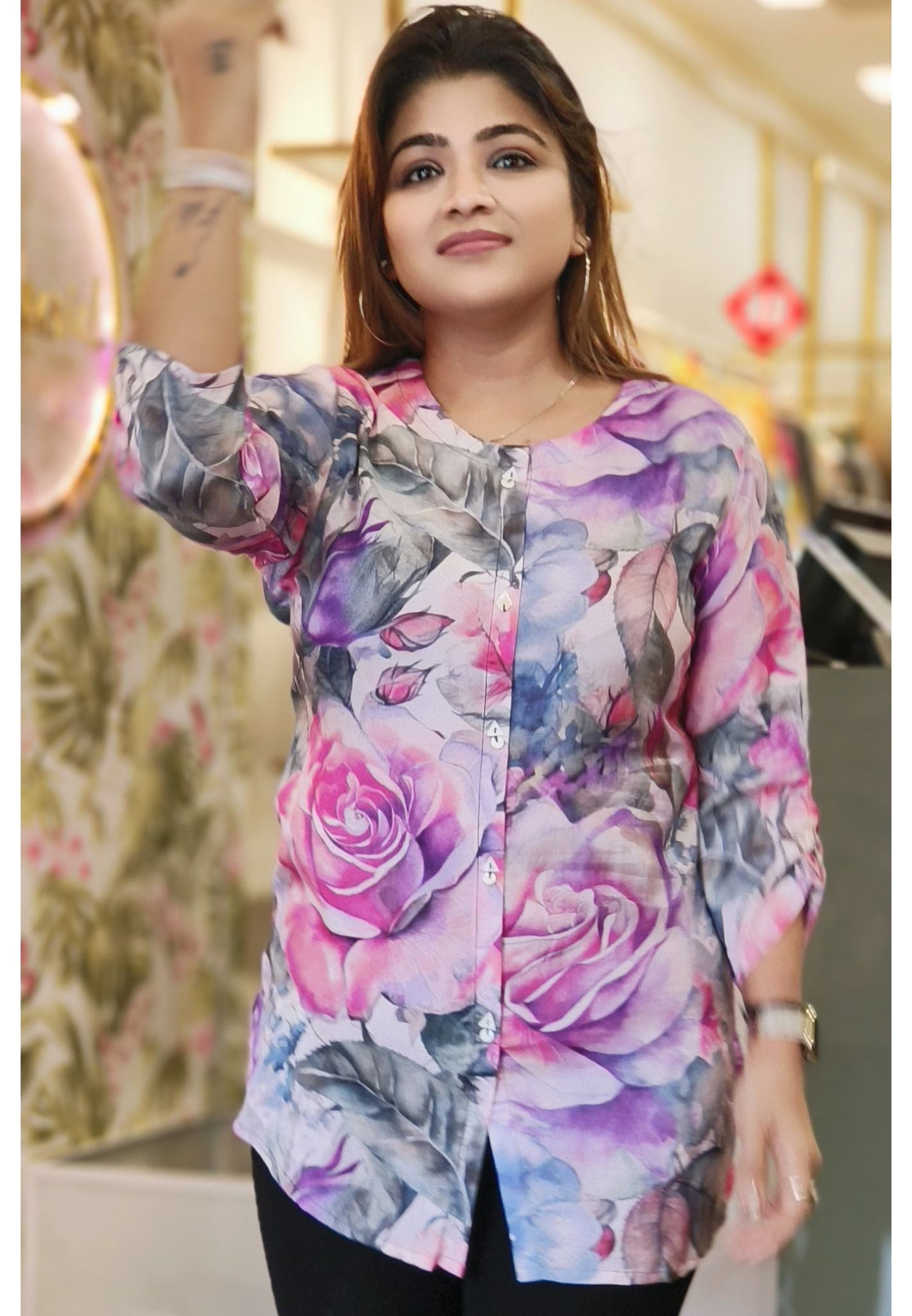 Beautiful muslin floral printed Short shirt -05697