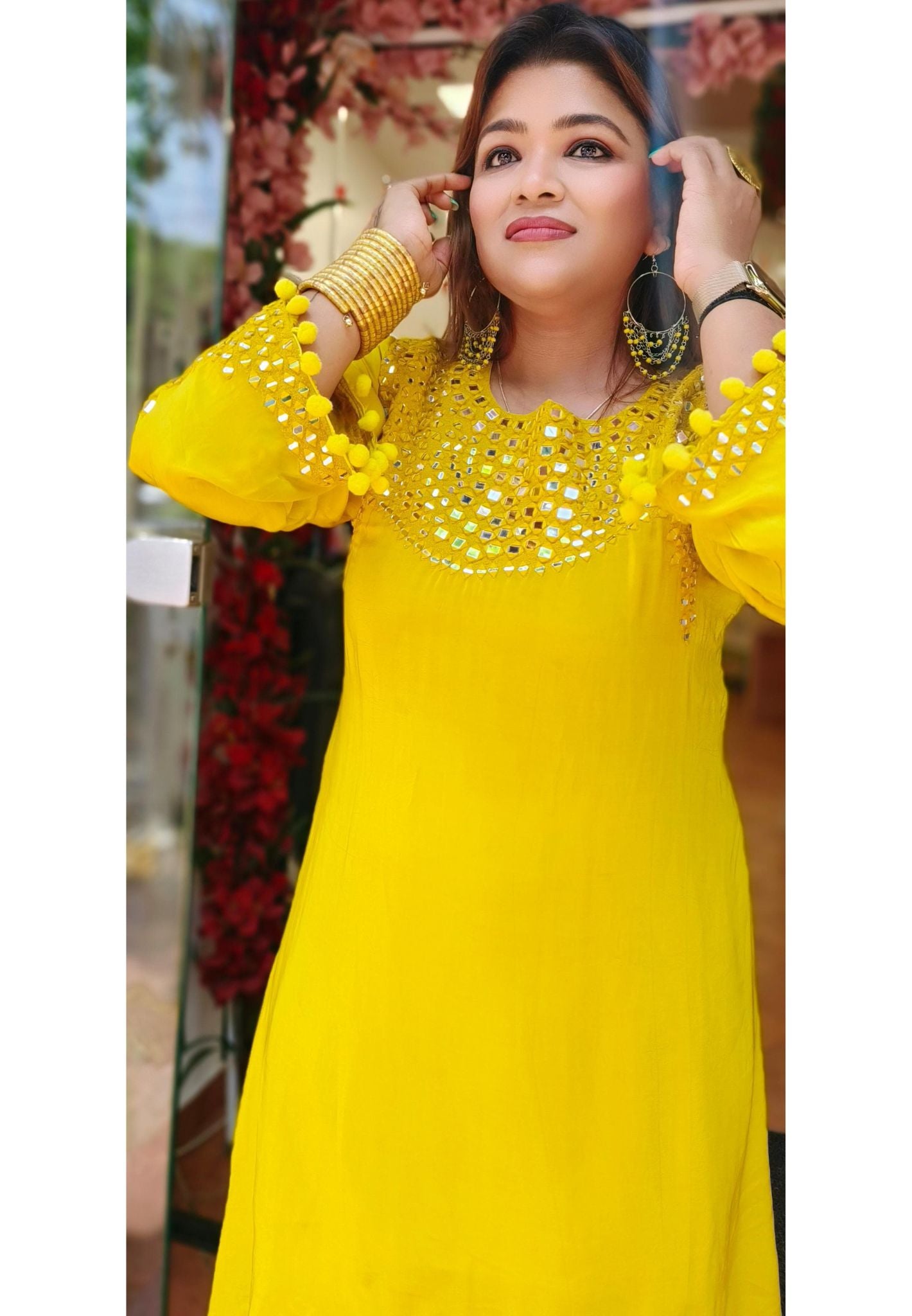 Stylish Indowestern Yellow Real Mirror Embroiderd with Pompom Crape Top With Palazzo Set Dispatching after 25 Days
