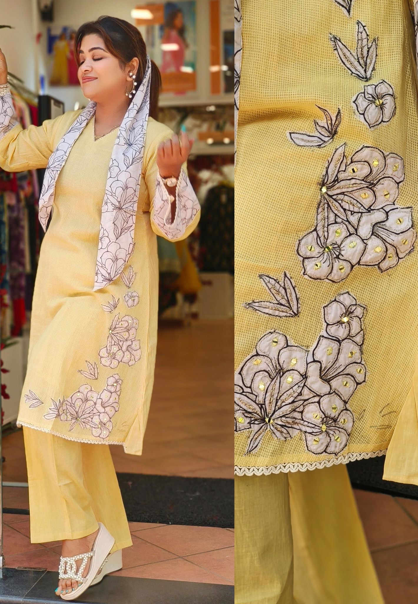 Soft Summer Checks cotton floral embroidery Kurta and Pant with Scarf set-05