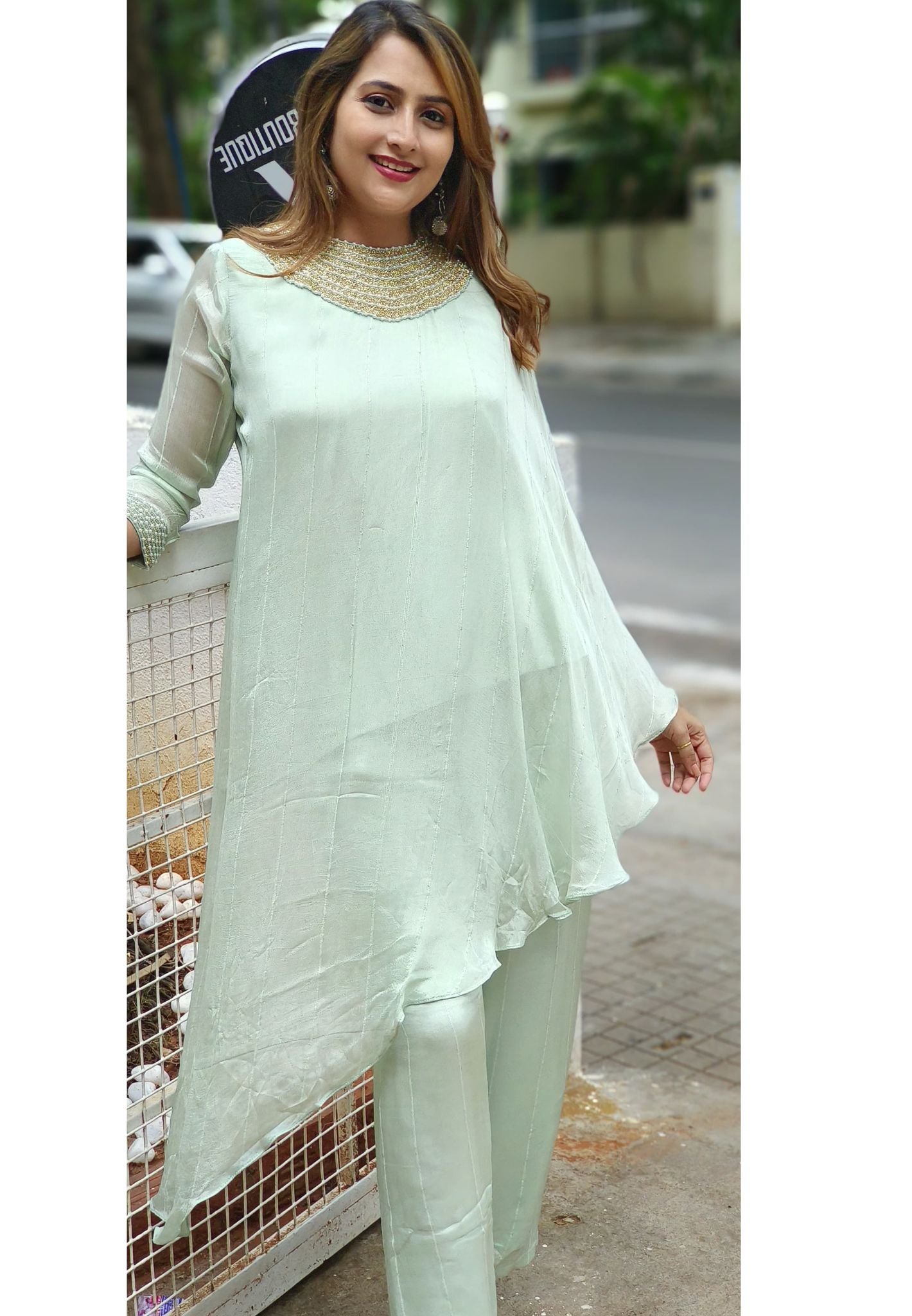 Stylish chinon Beautiful Embroidered One Sided Sleeves Top With Inner Cowl Style Drywashonly-05611-612-613