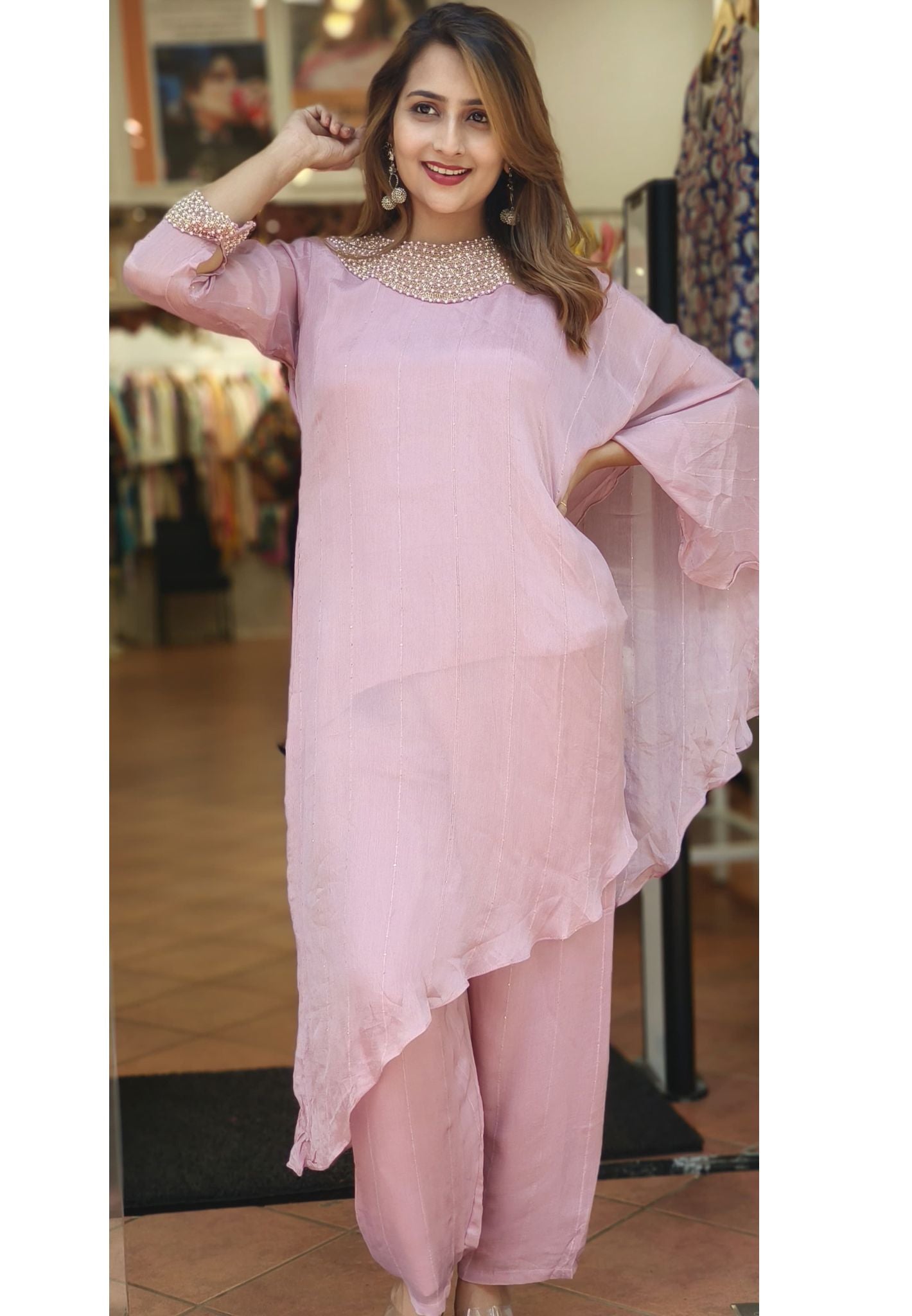 Stylish chinon Beautiful Embroidered One Sided Sleeves Top With Inner Cowl Style Drywashonly-05611-612-613