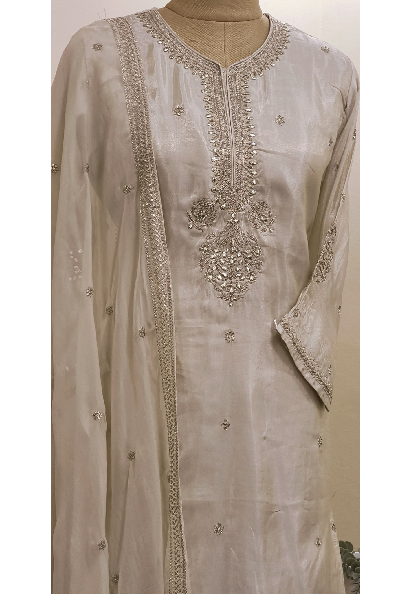 Beautiful Shimmer Tissue Embroidered kurta with sharara set and Dupatta-05906