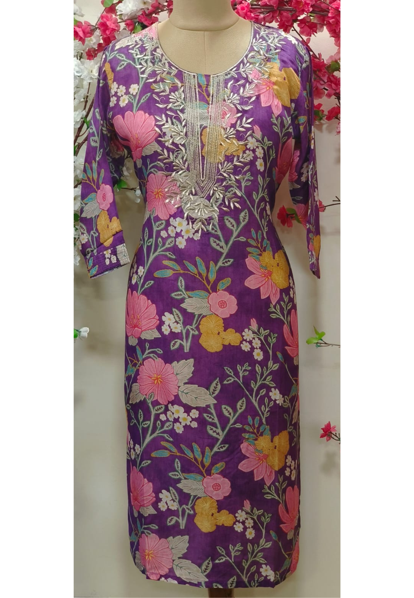 Floral Printed muslin  V neck embroidery only kurti-05981