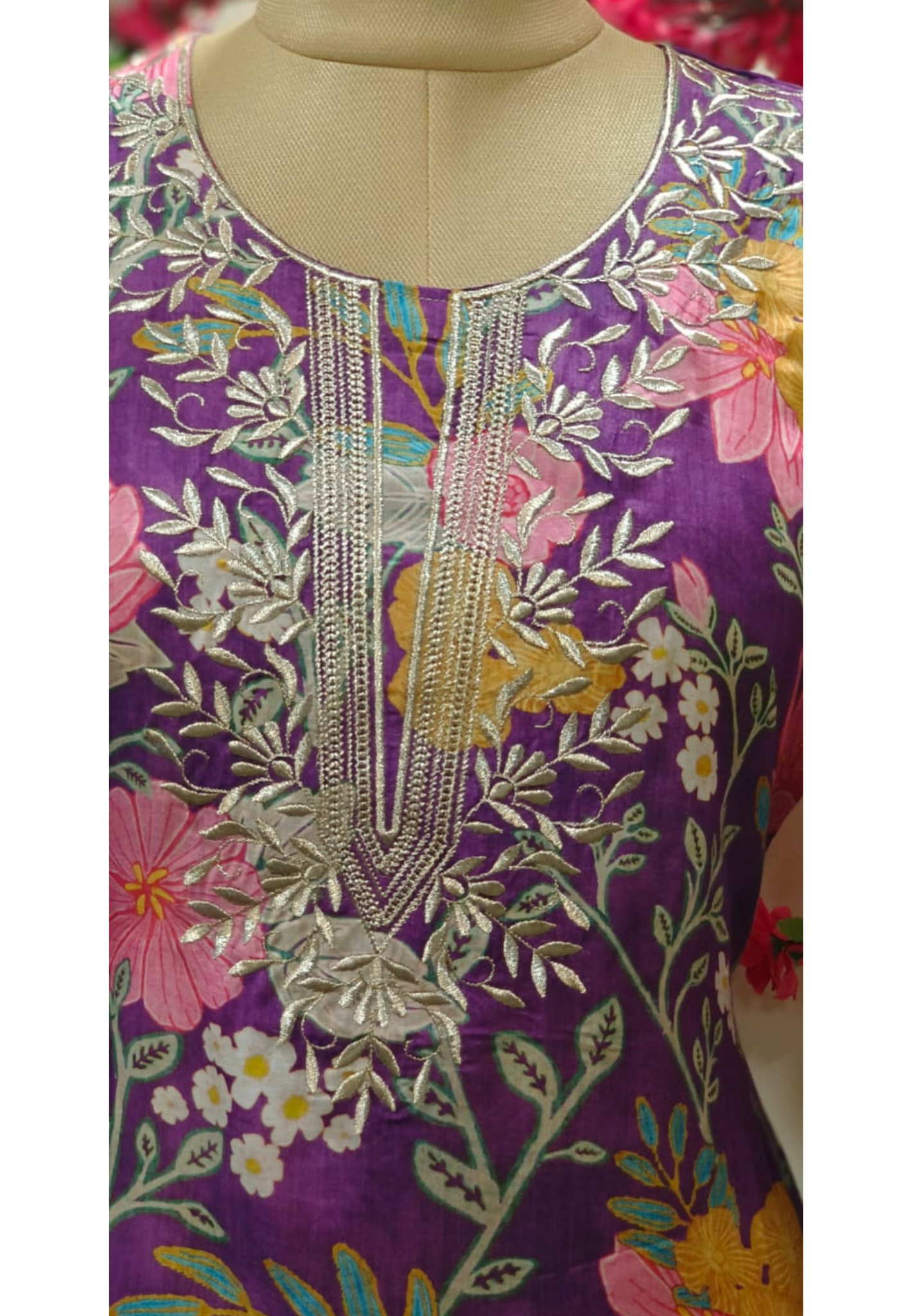 Floral Printed muslin  V neck embroidery only kurti-05981