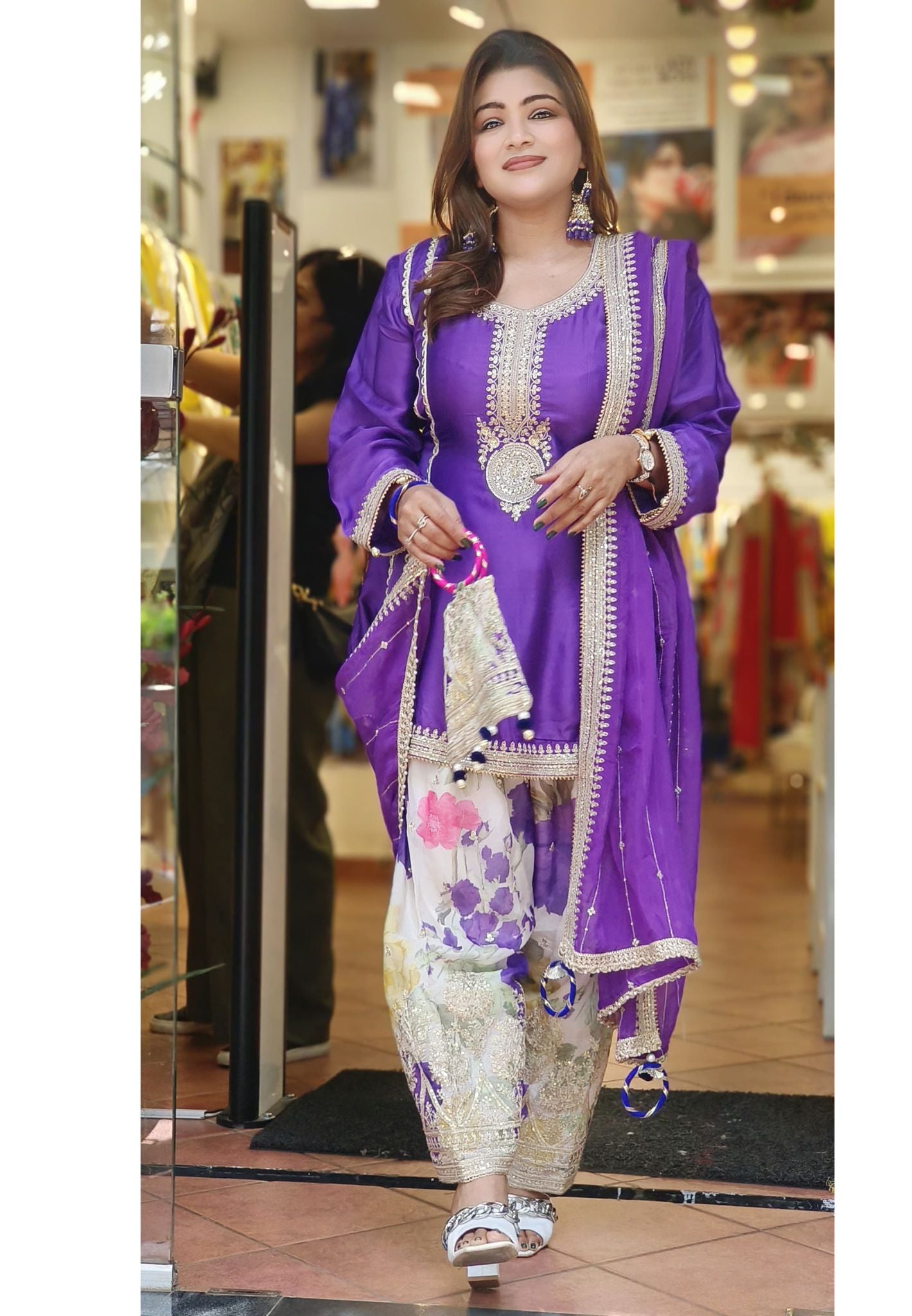 Styles Party Wear Neck Embroidery Kurta Flower Print  Salwar Pant And Dupatta-06523-24