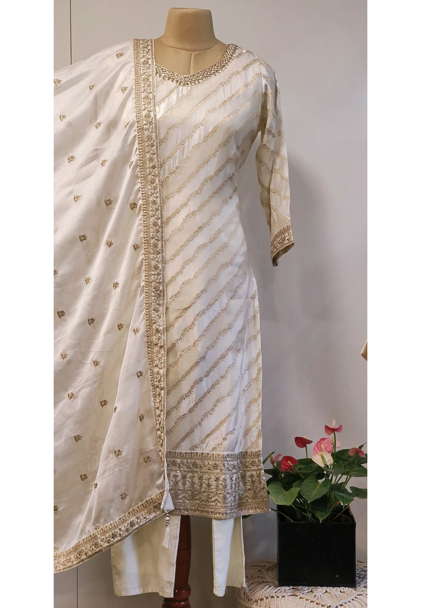 Banarasi Silk Real Mirror Neck Work Full suit with beautiful dupatta-06483